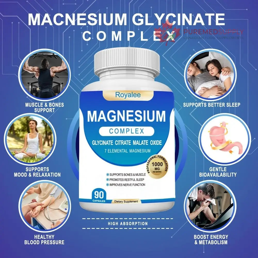 Magnesium Complex Supplement - 1000mg with 7 Magnesium Forms Including Glycinate, Citrate, Malate, Taurate & Orotate - Supports Relaxation, Muscle Function & Bone Strength - 90 Capsules Royalee buy supplements canada