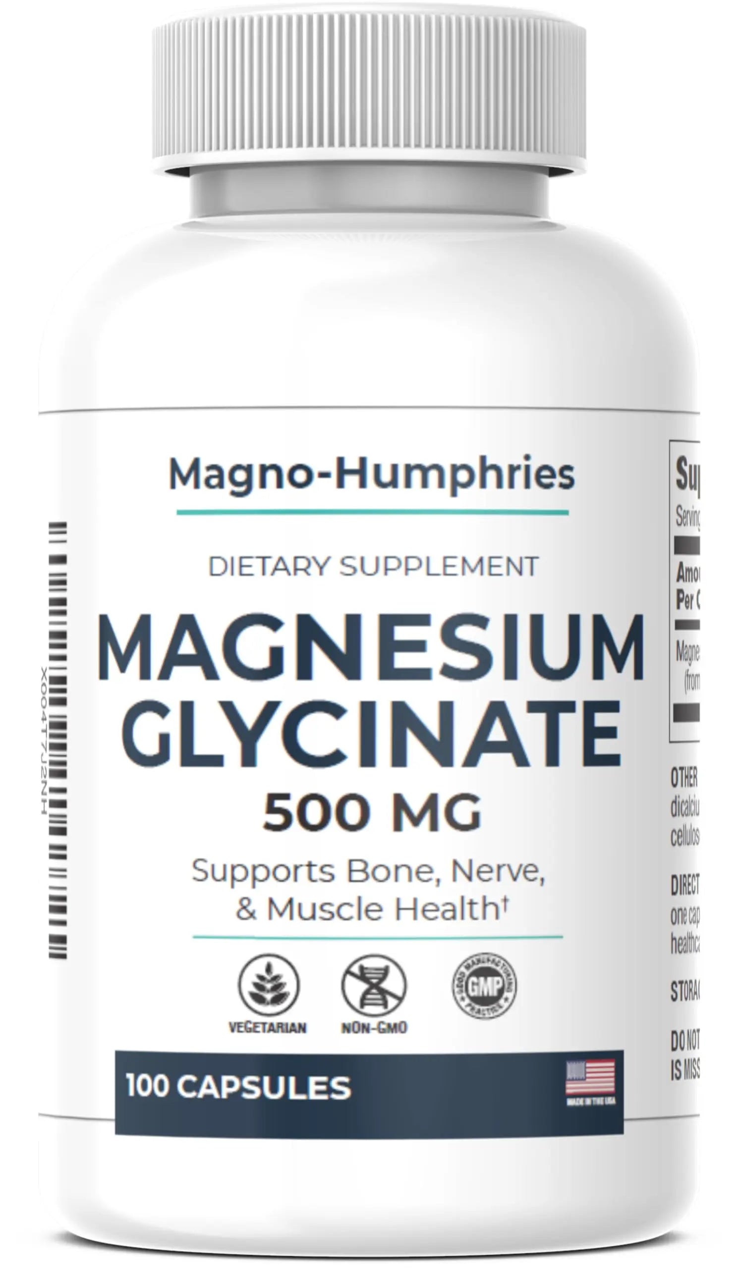 Magno-Humphries Magnesium Glycinate 500 mg - 100 Capsules | Gentle Chelated Form | Muscle, Nerve & Bone Support | Dietary Supplement | GMP Manufactured in The USA Magno-Humphries buy supplements canada