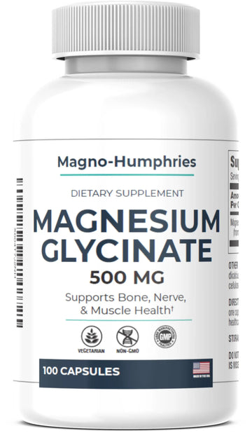 Magno-Humphries Magnesium Glycinate 500 mg - 100 Capsules | Gentle Chelated Form | Muscle, Nerve & Bone Support | Dietary Supplement | GMP Manufactured in The USA Magno-Humphries buy supplements canada