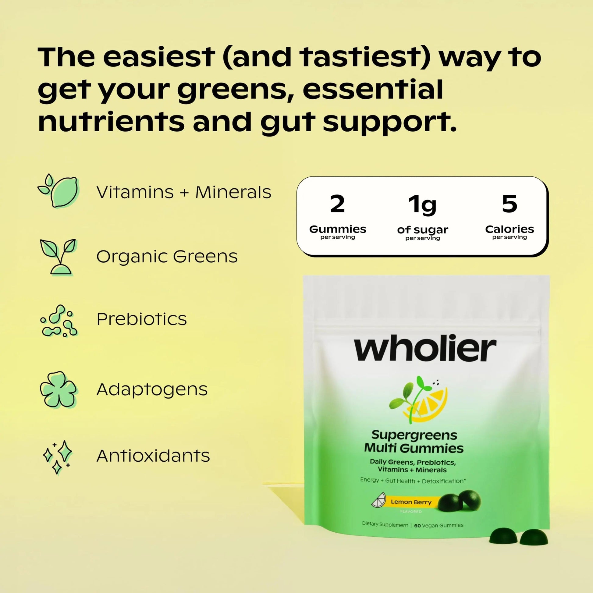 wholier Supergreens Multi Gummies, Daily Greens with Prebiotics, Fiber, Adaptogens, Plant-Based Multivitamin with 9 Essential Vitamins wholier buy supplements canada