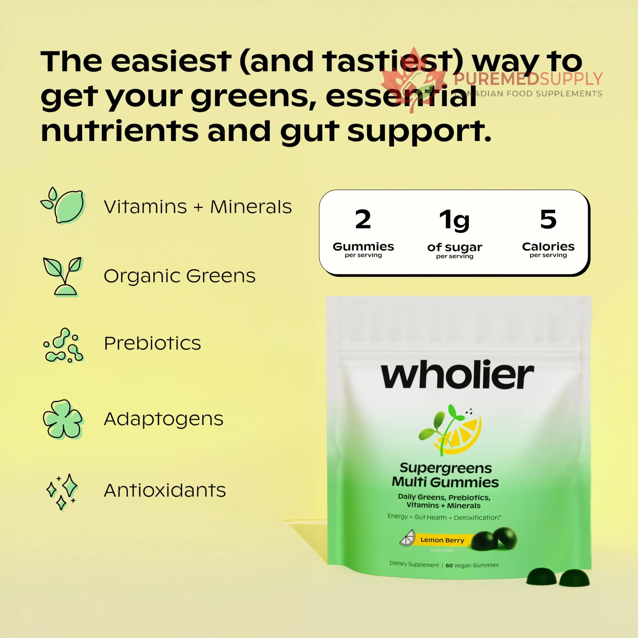wholier Daily Supergreens Gummies, Greens Supplement with Prebiotics, Fiber, Adaptogens, Vegan Multivitamin, 9 Essential Vitamins + Minerals, 1g Sugar, 2 Gummy Serving (60 Gummies, 30 Day Supply) wholier buy supplements canada