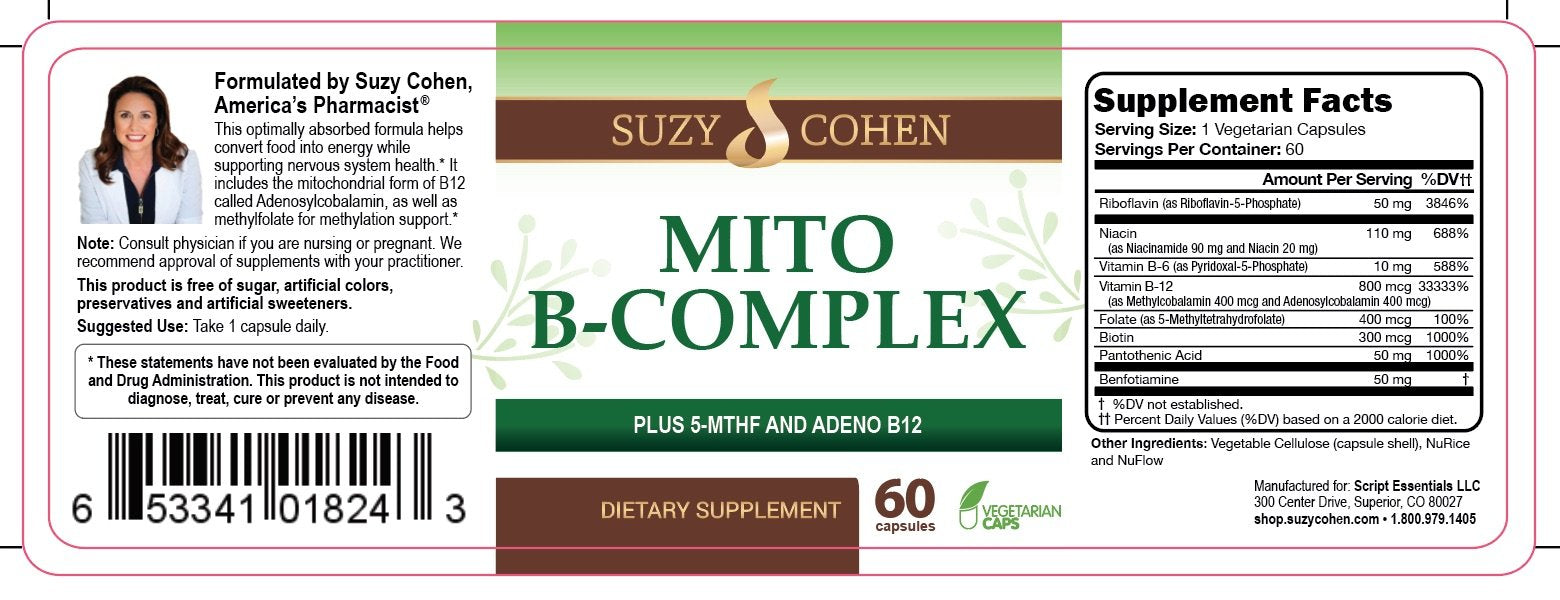 Script Essentials Suzy Cohen, Mito B Complex Dietary Supplement, 5-MTHF, Adeno B12, Methylation Support, Supports Healthy Nervous System Script Essentials buy supplements canada