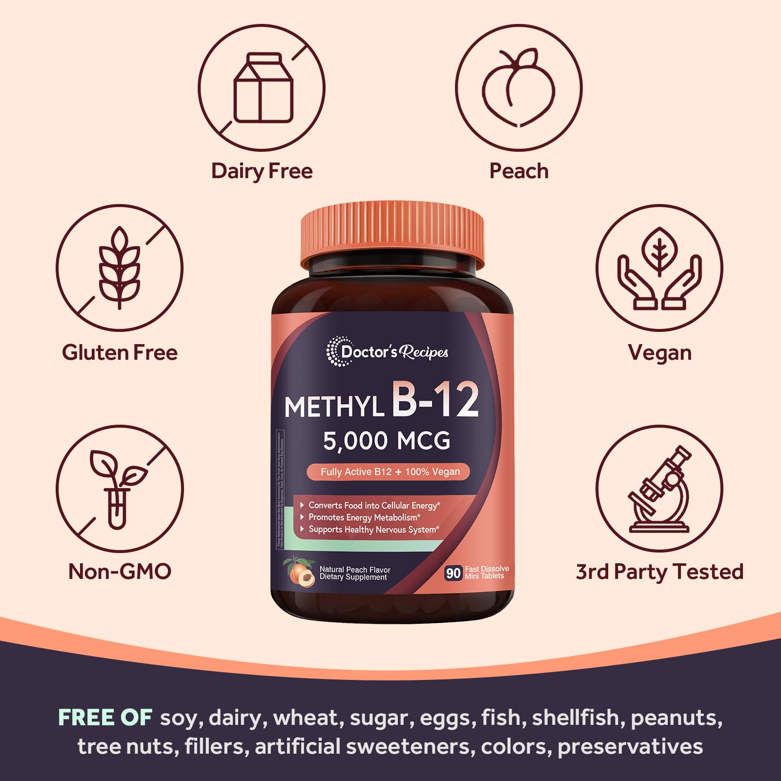 Doctor's Recipes Vitamin B12, Methylcobalamin 5000 mcg 90 Fast Dissolve Tablets, Natural Peach Flavor, Vegan Methyl, Energy Metabolism & Nervous System Doctor's Recipes buy supplements canada