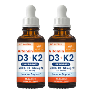 Sandhu's Vitamin D3 K2 Drops for Adults | 5000 IU D3 Liquid, 120mcg K2 Supplement 1 Fl Oz (Pack of 2) | D3K2 Supports Superior Absorption Sandhu's buy supplements canada