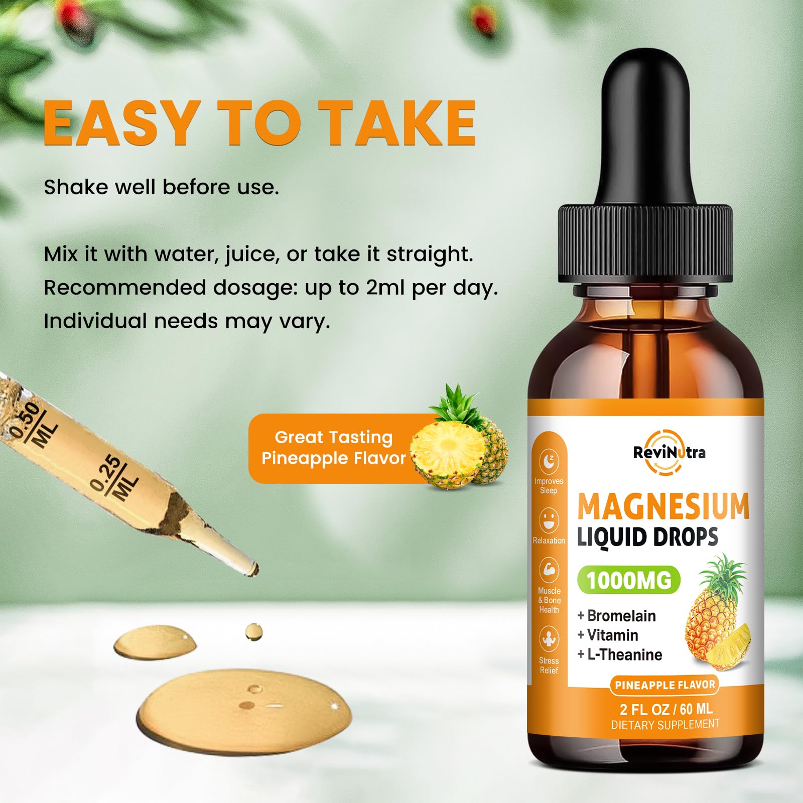 Magnesium Glycinate Liquid Drops, 1000mg of Liquid Magnesium Complex Supplement for Sleep, Nerve, Energy, Muscle, Bone, Calm & Digestion, High Absorption, 2 Fl Oz, Sugar-Free Pineapple Flavor ReviNutra buy supplements canada