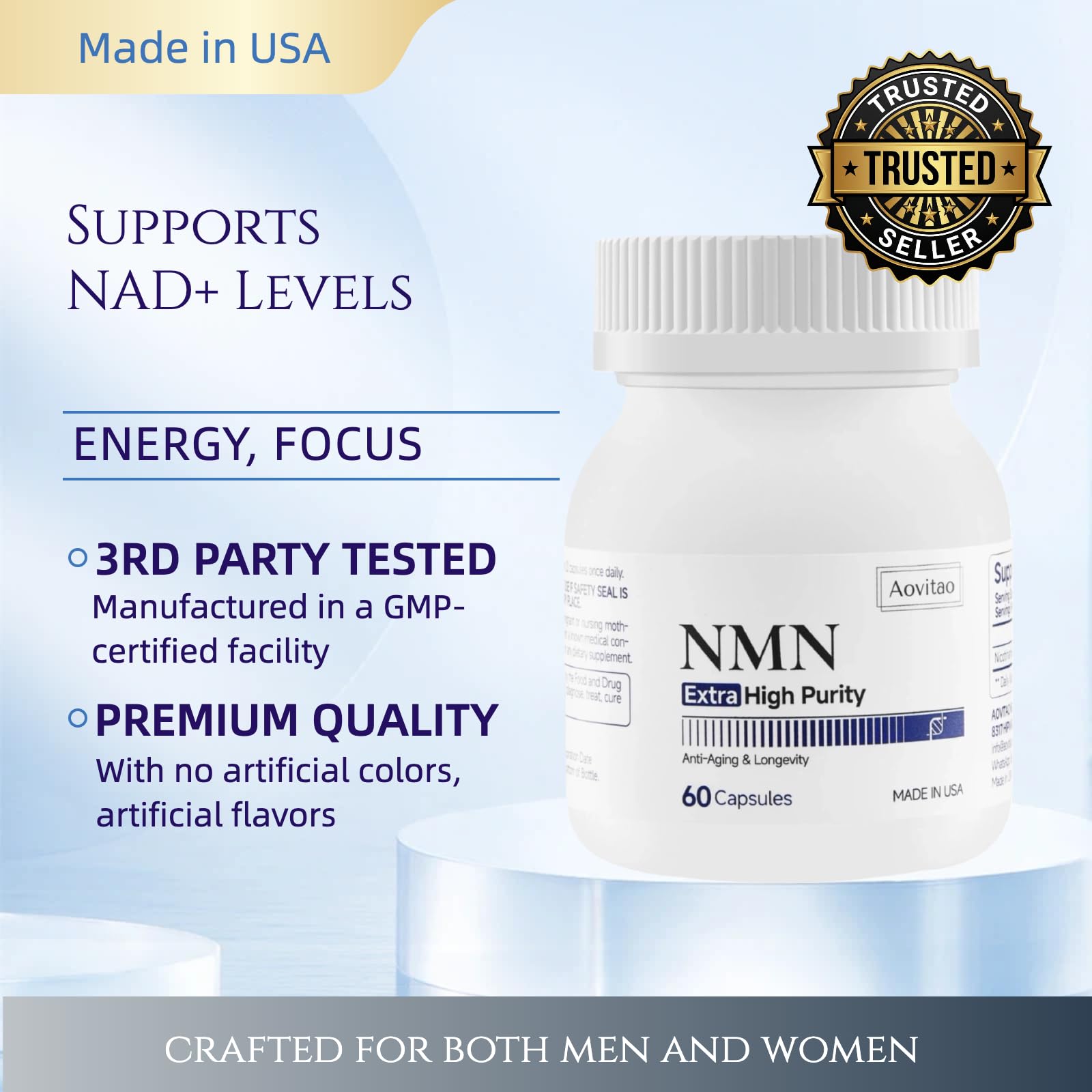 AOVITAO NMN Supplement 500mg Ultra Pure 99.8% | Stabilized Form | Supports NAD+ Production, Cellular Health & Healthy Aging | 60 Capsules AOVITAO buy supplements canada