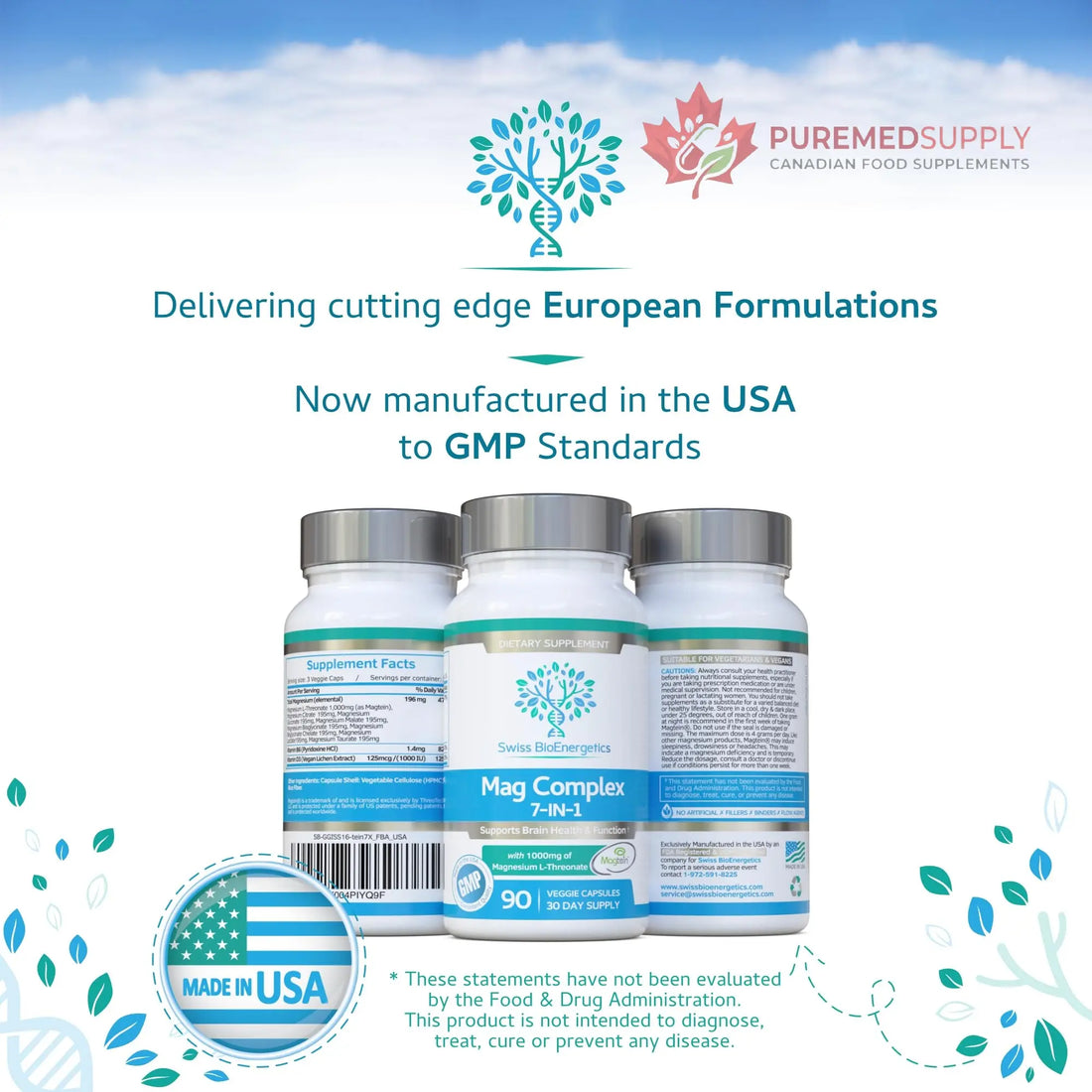 Magnesium L-Threonate Complex 7-in-1 with 1000mg of Magtein Plus Magnesium as Bisglycinate, Taurate, Citrate, Gluconate, Malate & Lactate - Supports Sleep - Vegan, US Made and No Artificial Nasties swiss bioenergetics buy supplements canada
