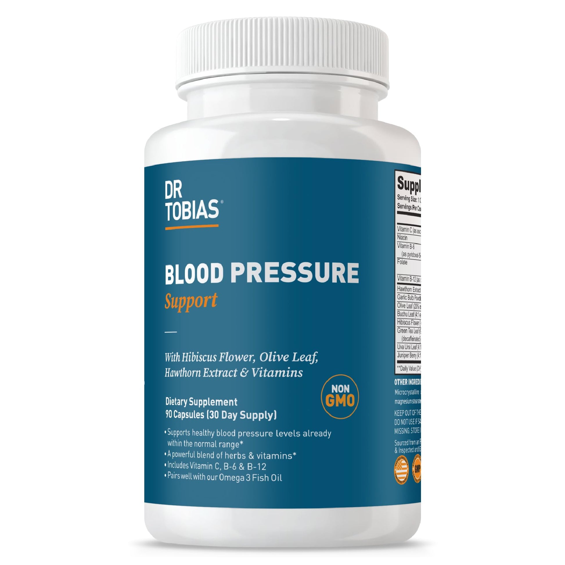 Dr. Tobias Blood Pressure Support Supplement with Hawthorn, Hibiscus Flower, Olive Leaf & Garlic, Supports Normal Circulatory Health with Vitamins C, B6, B12, Niacin, Folate & Herbs, 90 Capsules Dr. Tobias buy supplements canada