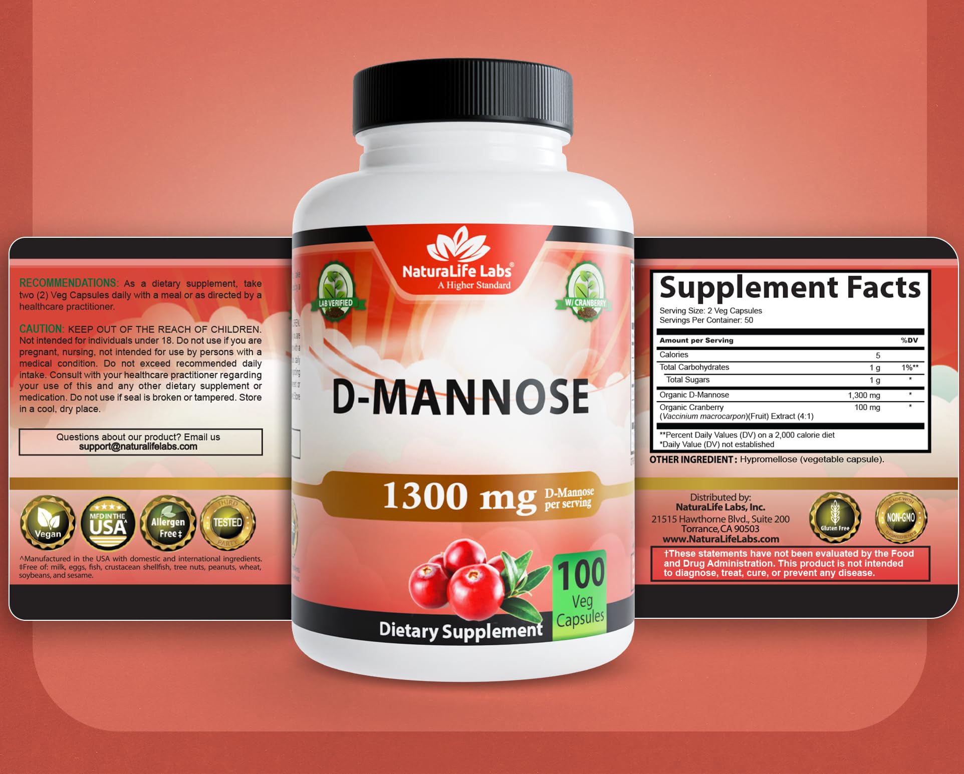 NaturaLife Labs Organic D-Mannose 1300 mg with Organic Cranberry Extract 100 mg per Serving – 100 Capsules – Non-GMO, Gluten-Free, Vegan NaturaLife Labs buy supplements canada