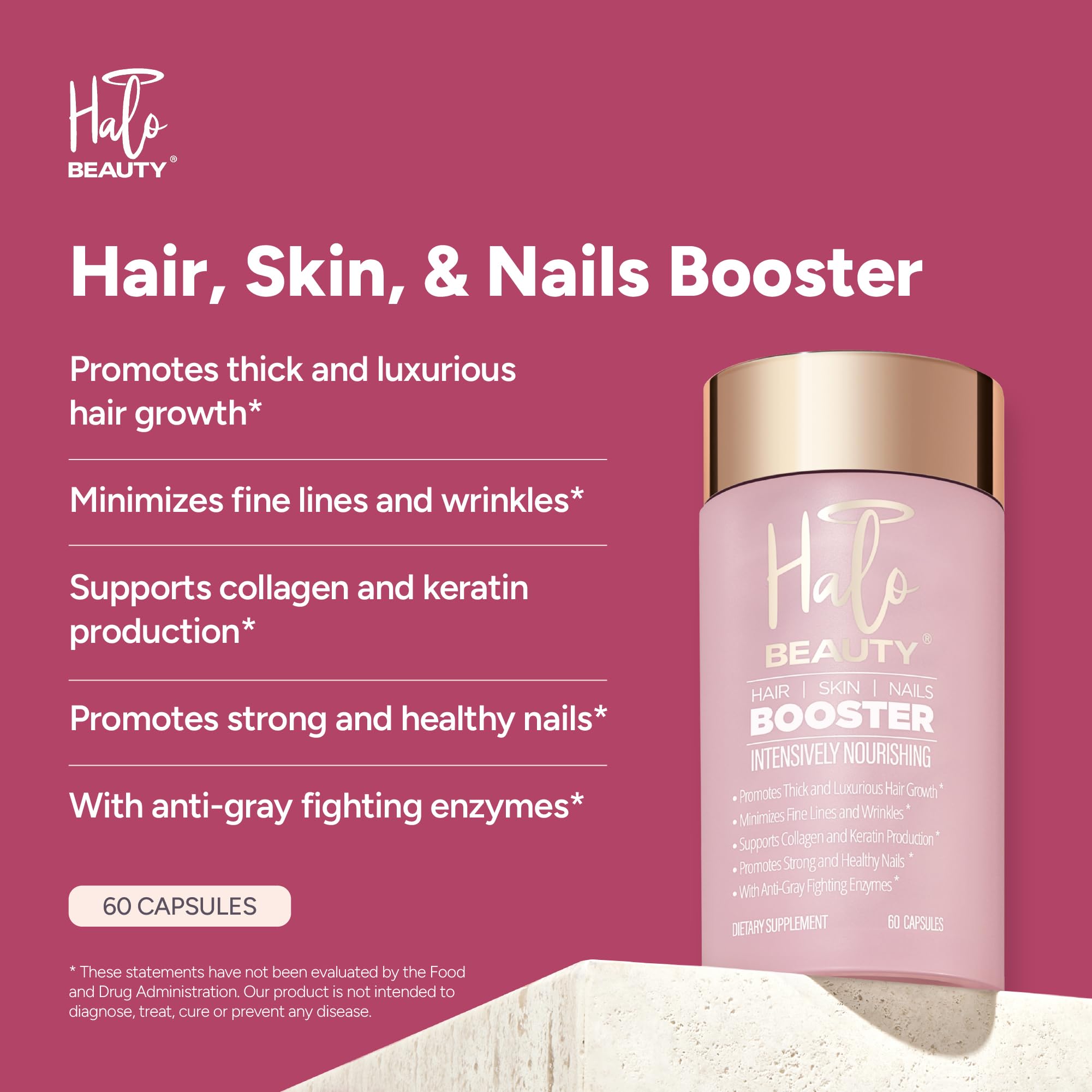 Halo Beauty Hair Skin & Nails Supplement | Thicker Hair Growth, Radiant Skin & Strong Nails Support with Biotin, Saw Palmetto & Phytoceramides | Vegan Capsules | Made in USA | 1-Month Supply Halo Beauty buy supplements canada