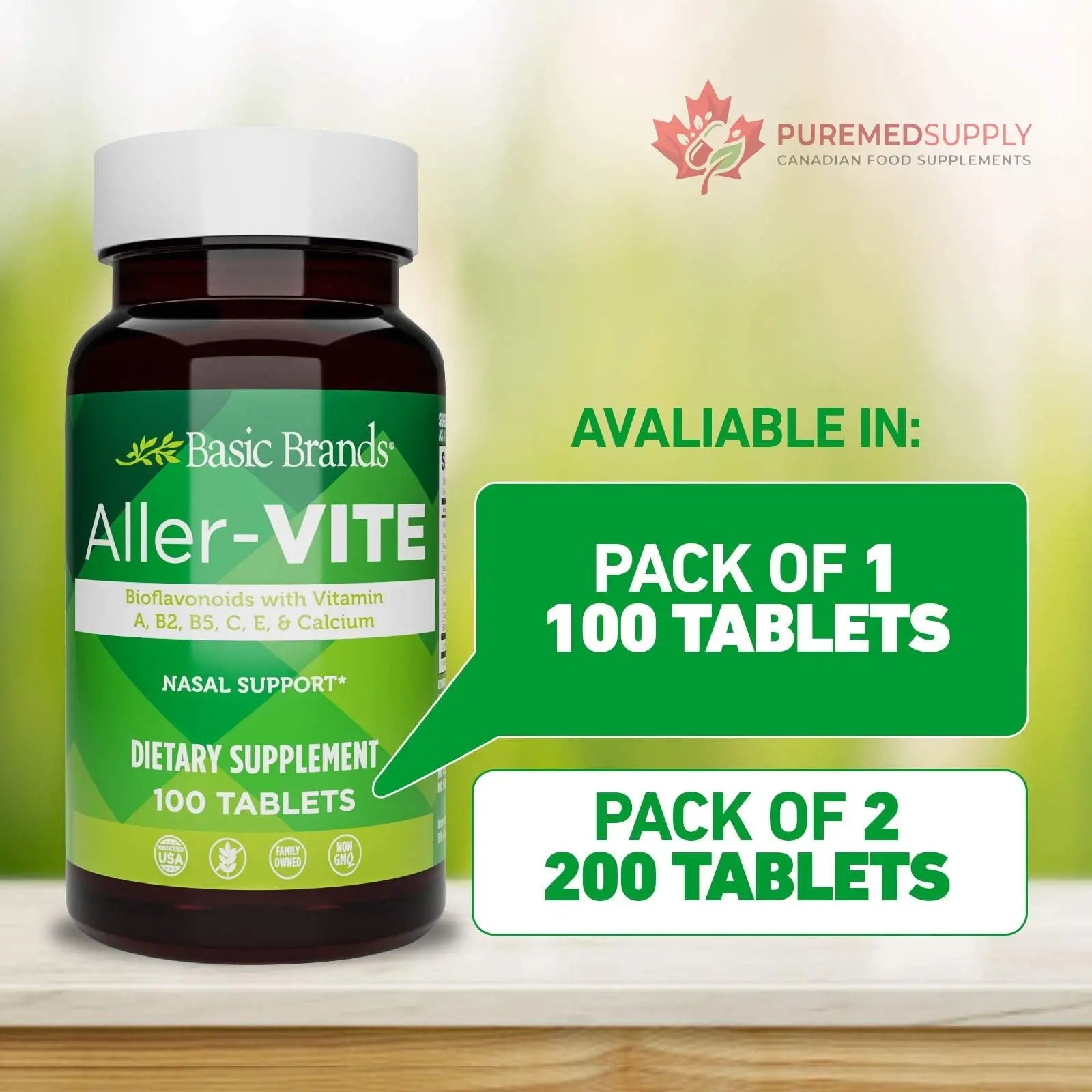 Basic Brands Aller Vite Nasal Support Tablets for Seasonal Allergy Relief, High Bioflavonoid Complex with Vitamins and Calcium, Gluten Free Daily Supplement, 100 Tablets Basic Brands buy supplements canada