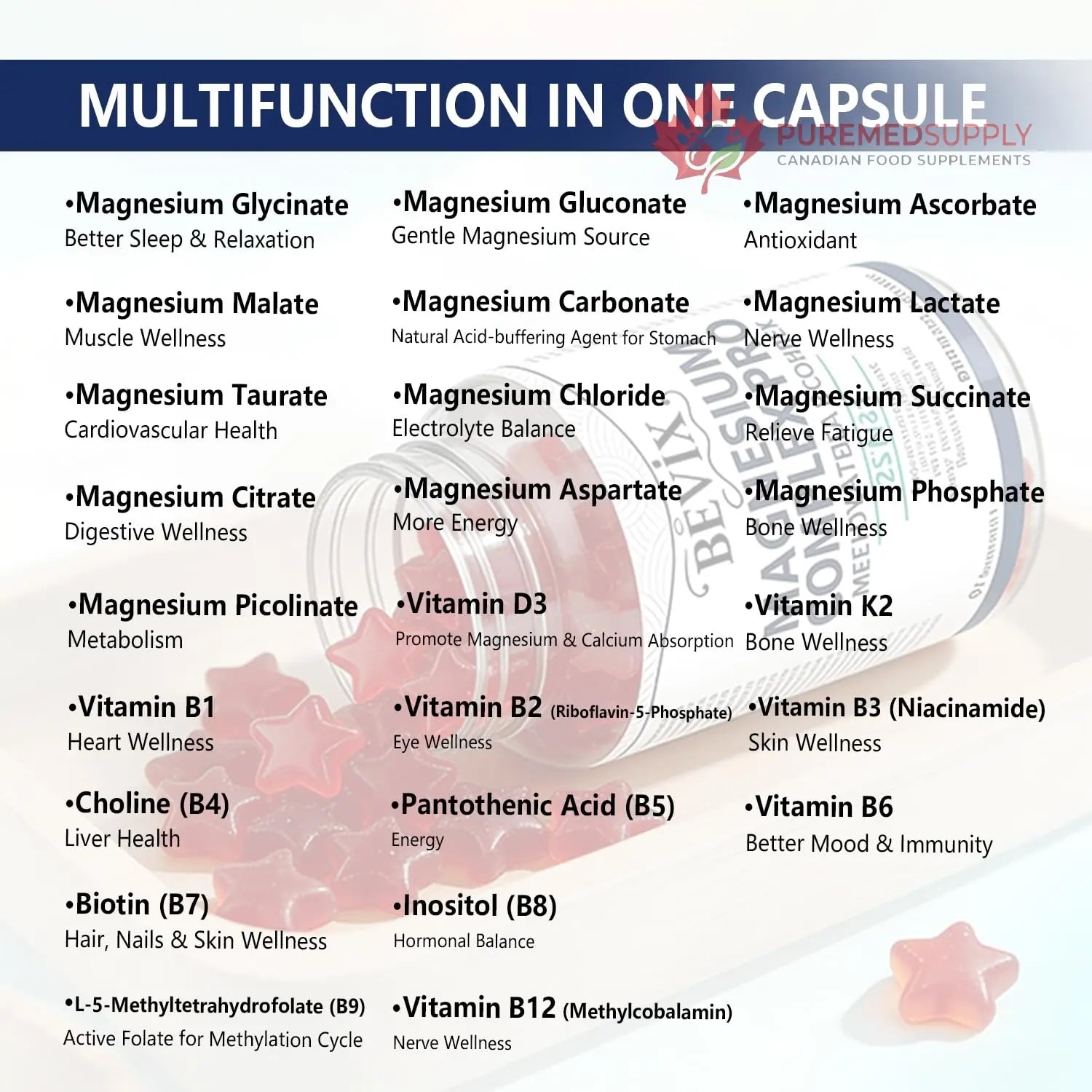 BEVIX Magnesium Complex Gummies with Methylated B Complex Magnesium Glycinate Citrate Malate Taurate Gluconate Aspartate Carbonate D3 K2, Magnesium for Relaxation Energy & Nerve, 60 Gummies BEVIX buy supplements canada
