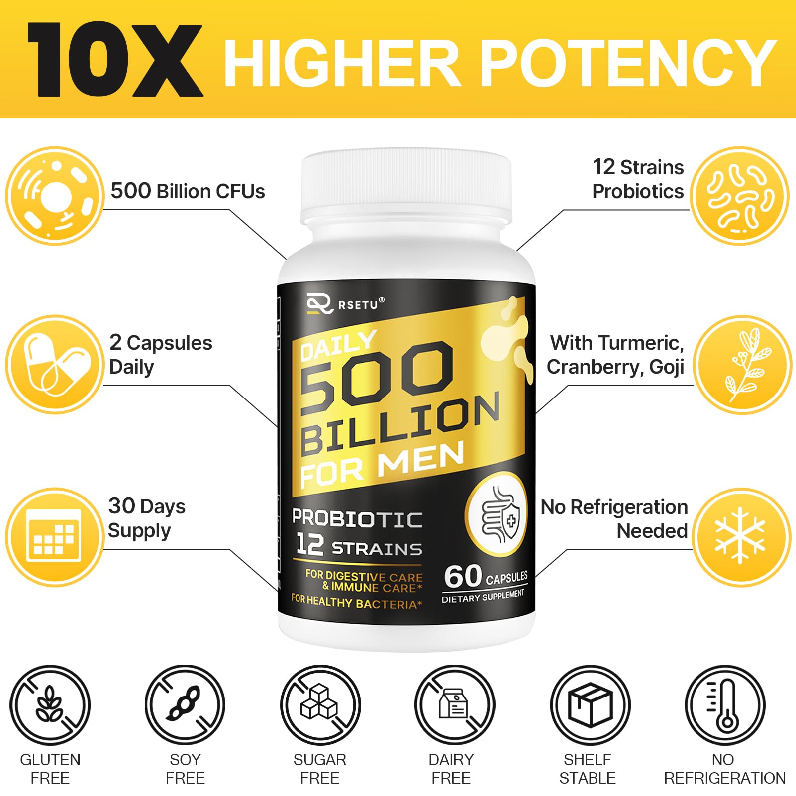 Probiotics for Men, 500 Billion CFUs & 12 Strains Mens Probiotic with Turmeric Cranberry, Goji, Gut Health for Men, for Digestive Health, Gut, Bloating & Gas, Immune, Energy Support, 120-Day Supply RSETU buy supplements canada