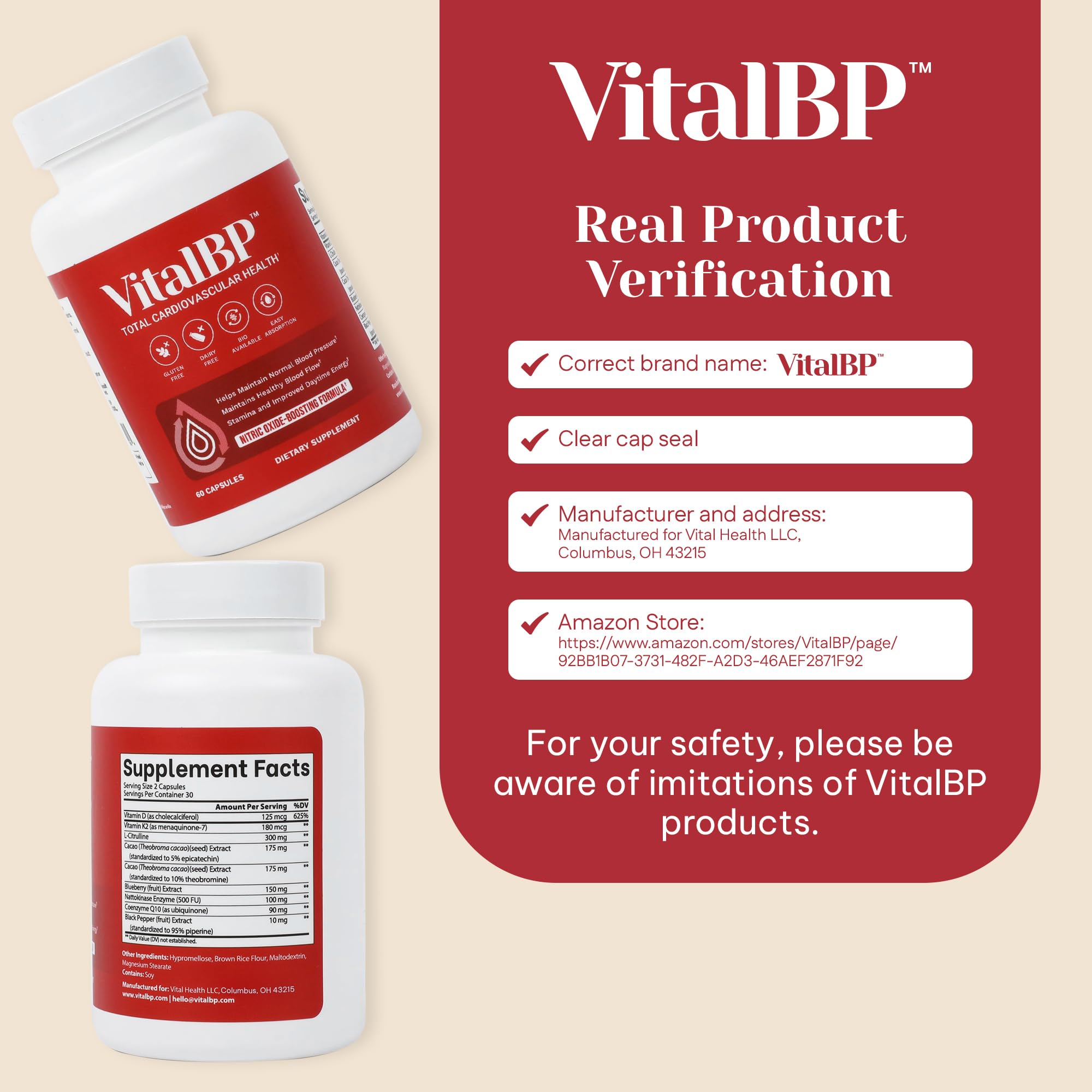 Vital BP - Support for Normal Blood Pressure - Supports Blood Flow & Arteries - with CoQ10, L-Citrulline, and K2 & D3-60 Capsules VitalBP buy supplements canada