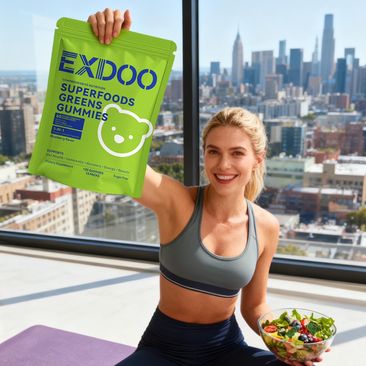 exdoo Super Greens Fiber Gummies Multivitamin Superfood Gummy with Spirulina Chlorella Prebiotic Probiotic Postbiotic for Digestive Health Supplement 15 Packs 120 Gummies exdoo buy supplements canada