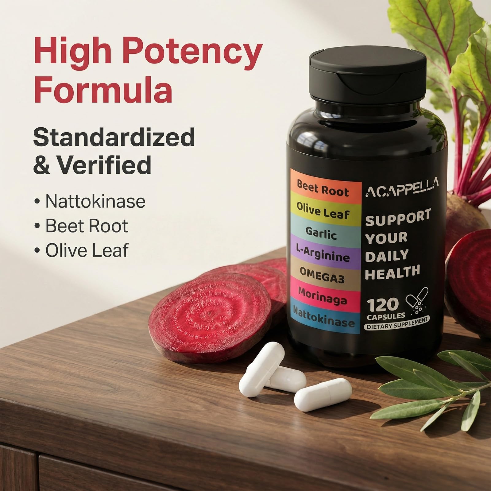 ACAPPELLA Moringa Capsules with Beet Root Capsule Olive Leaf Garlic L-Arginine Omega 3 Nattokinase Supplement - 120 Count ACAPPELLA buy supplements canada