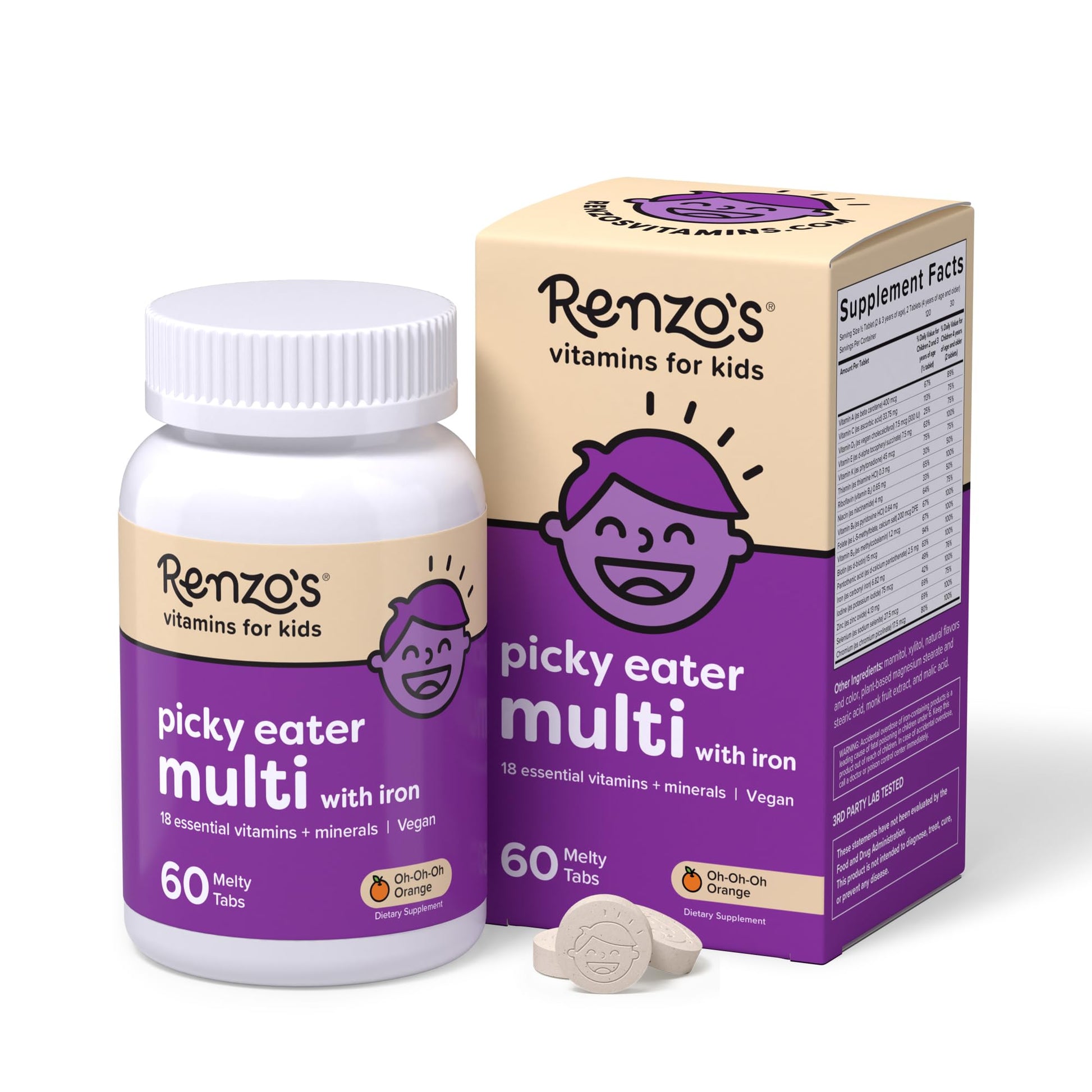 Renzo's Picky Eater Kids Multivitamin with Iron - Dissolvable Kids Vitamins with Iron, Zinc, Vitamin C, Vitamin D, E & K, Sugar-Free Melty Tabs, Orange Flavor Renzo's buy supplements canada