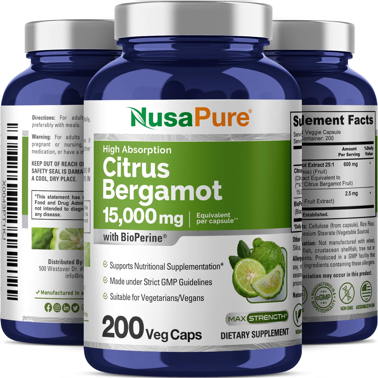 NusaPure Citrus Bergamot Capsules 15,000mg, 200 Capsules - 25:1 Bergamot Extract - 200 Servings, Bioperine, Vegan, Non-GMO NusaPure buy supplements canada