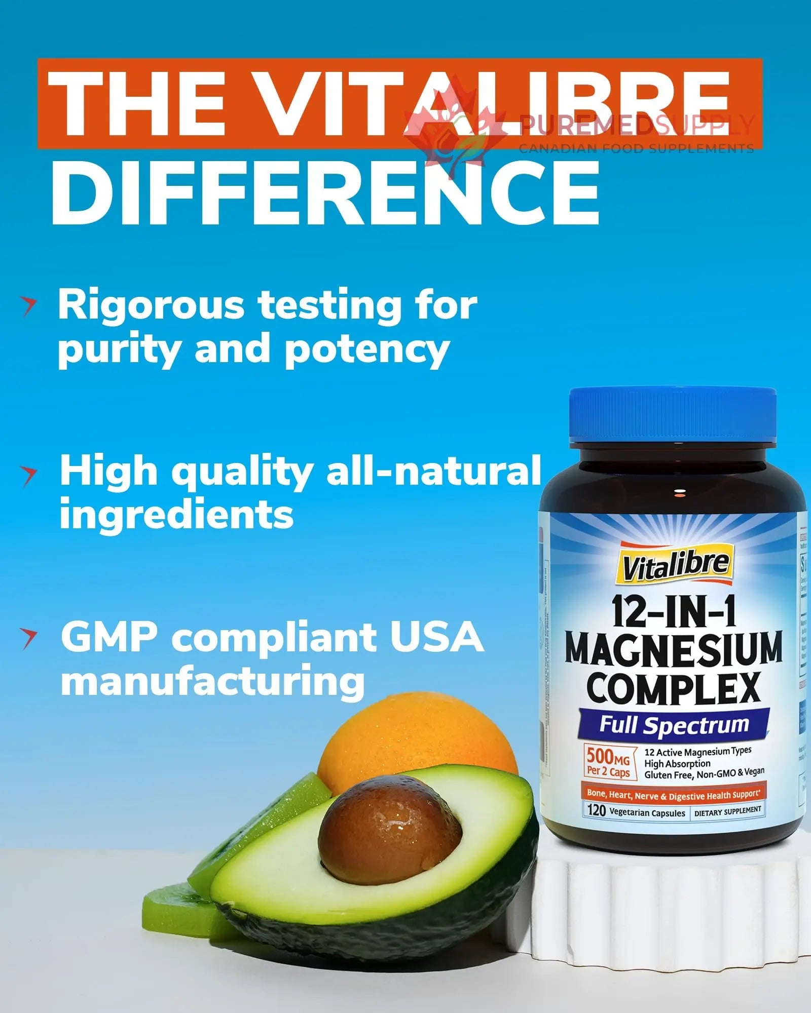 Vitalibre 12 in 1 Magnesium Complex Supplement 500mg | Max Absorption Chelated Magnesium Glycinate Citrate Malate & More for Bone, Nerve & Digestive Support | Non-GMO Vegan Capsules (120 Count) Vitalibre buy supplements canada