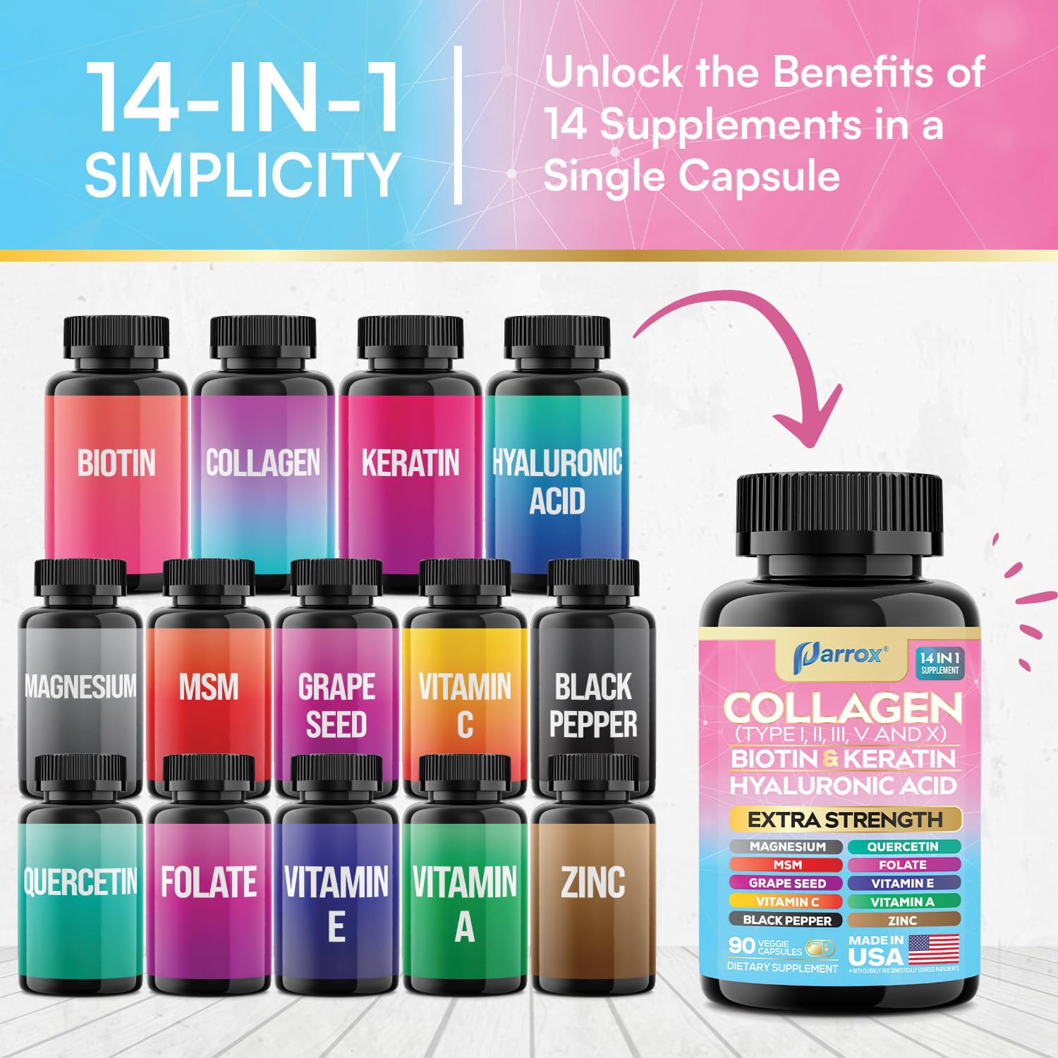 Parrox Collagen Peptides Types I, II, III, V & X, MCG Biotin, Keratin, Hyaluronic Acid, MSM, Zinc, Grape Seed Extract, Quercetin, Vitamin A, Vitamin C, Parrox buy supplements canada