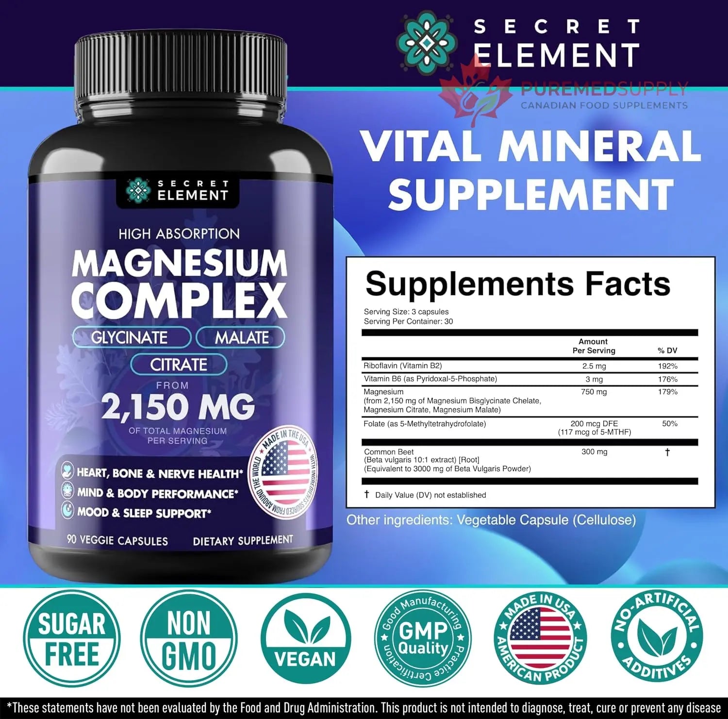 Magnesium Complex 2,150MG, High Absorption Capsules with Magnesium Glycinate, Citrate & Malate, Plus Vitamin B6, B2, Folate & Beet Root, Vegan, Non-GMO, No Artificial Additives, 90 Capsules Secret Element buy supplements canada