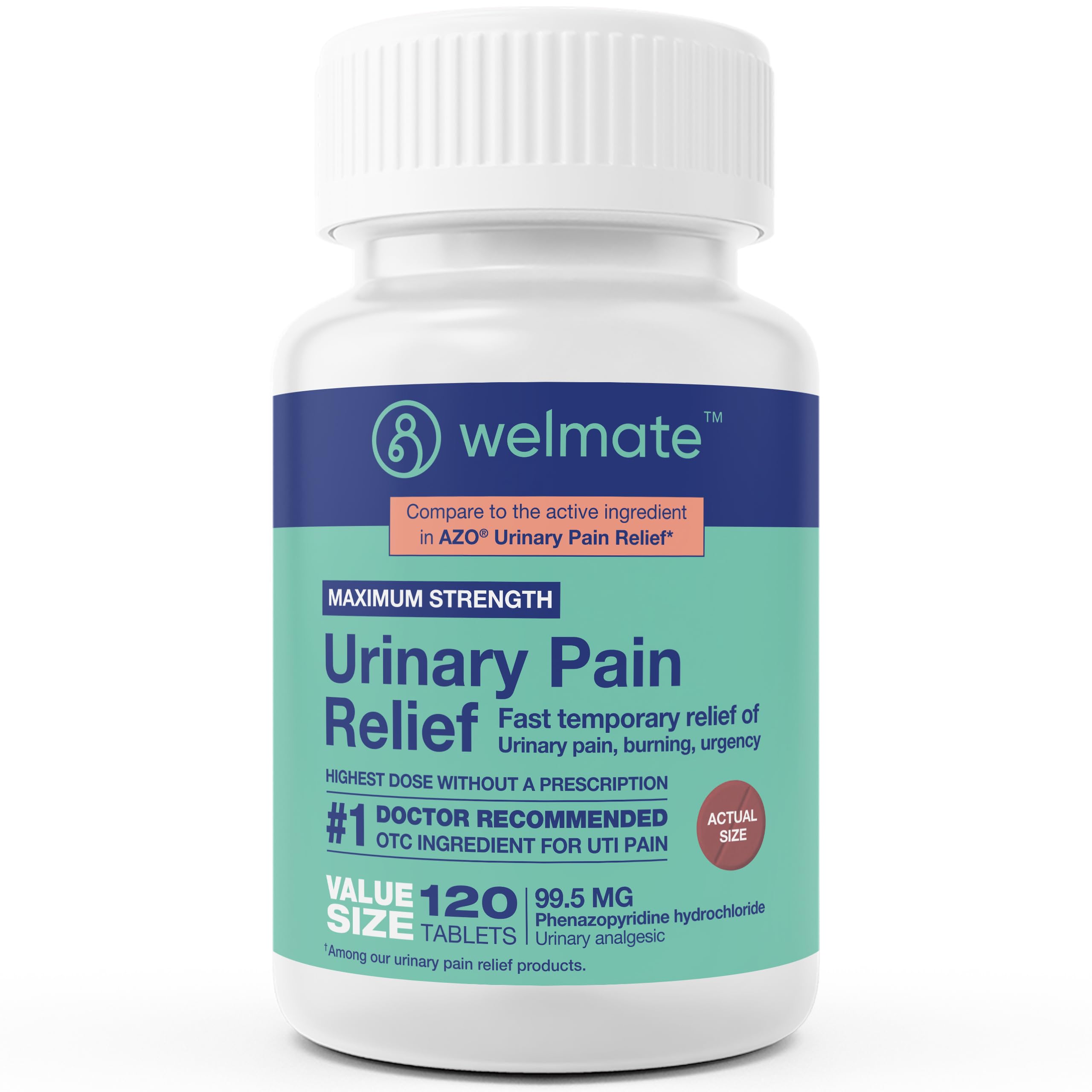 WELMATE Urinary Pain UTI Relief Maximum Strength (Phenazopyridine HCL) - Improve Urinary Tract Health & Bladder Control, Urgency, & Discomfort | Over-The-Counter Medication for Men & Women (120 Pills) WELMATE buy supplements canada