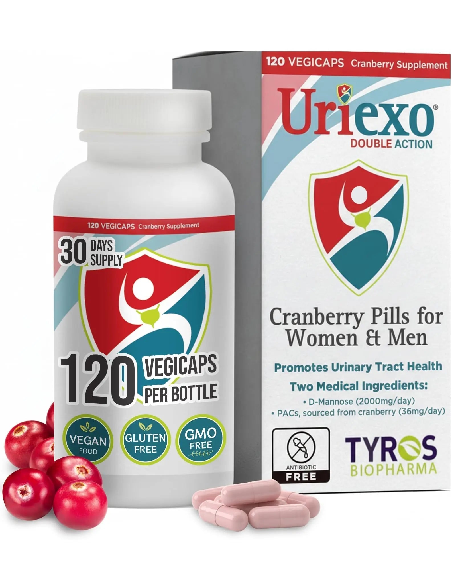 Uriexo Double Action Support Cranberry Pills - Urinary Tract Health Supplement with 36mg Proanthocyanidins PACs & 2000mg D-Mannose, Capsules for Men & Women, Non-Antibiotic Formula, 30 Day Supply Uriexo buy supplements canada