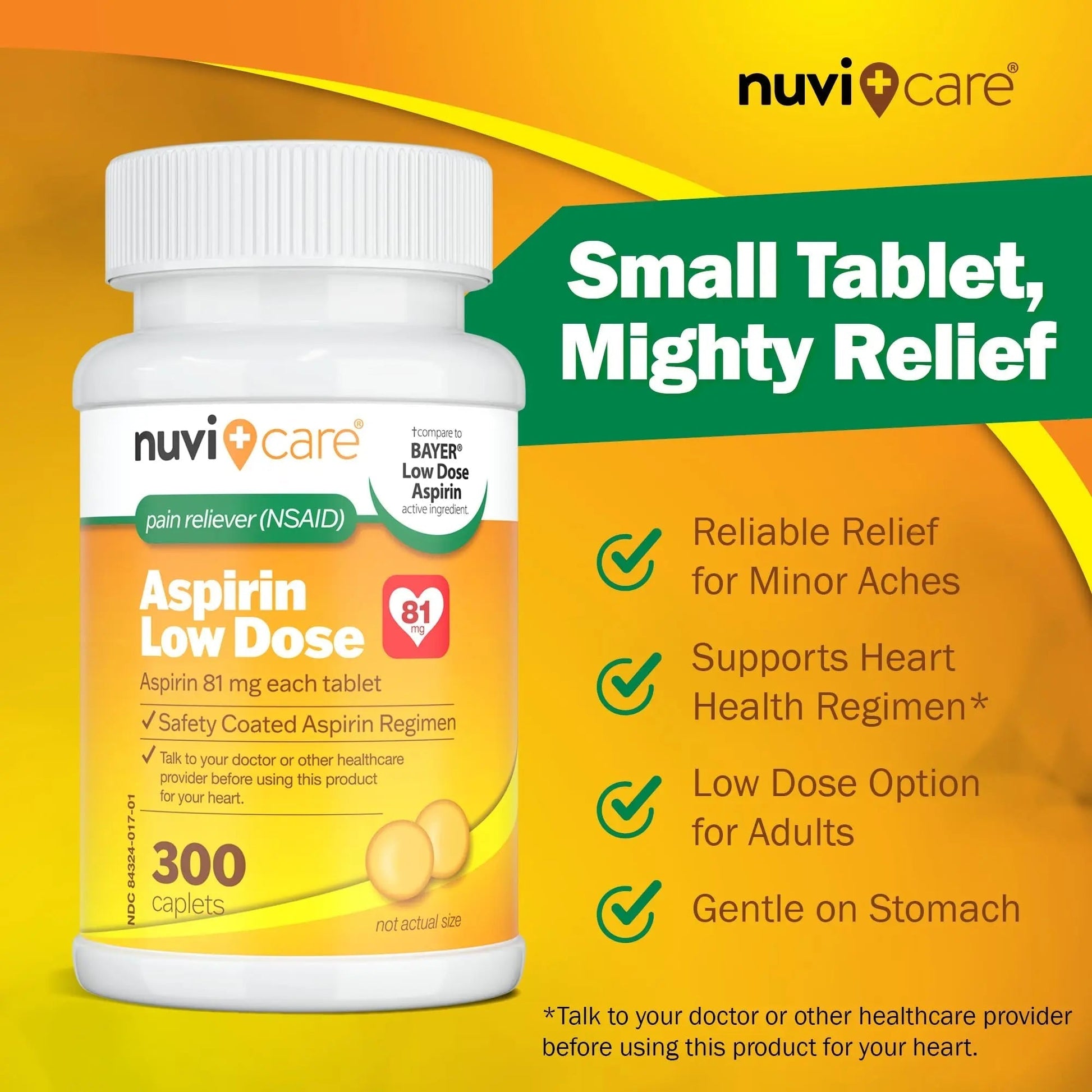 NUVICARE Low Dose Aspirin 81mg for Adults Coated Caplets - Compare to Active Ingredient in Low Dose Bayer Aspirin for Adults - Safety Coated (300 Count) NUVICARE buy supplements canada