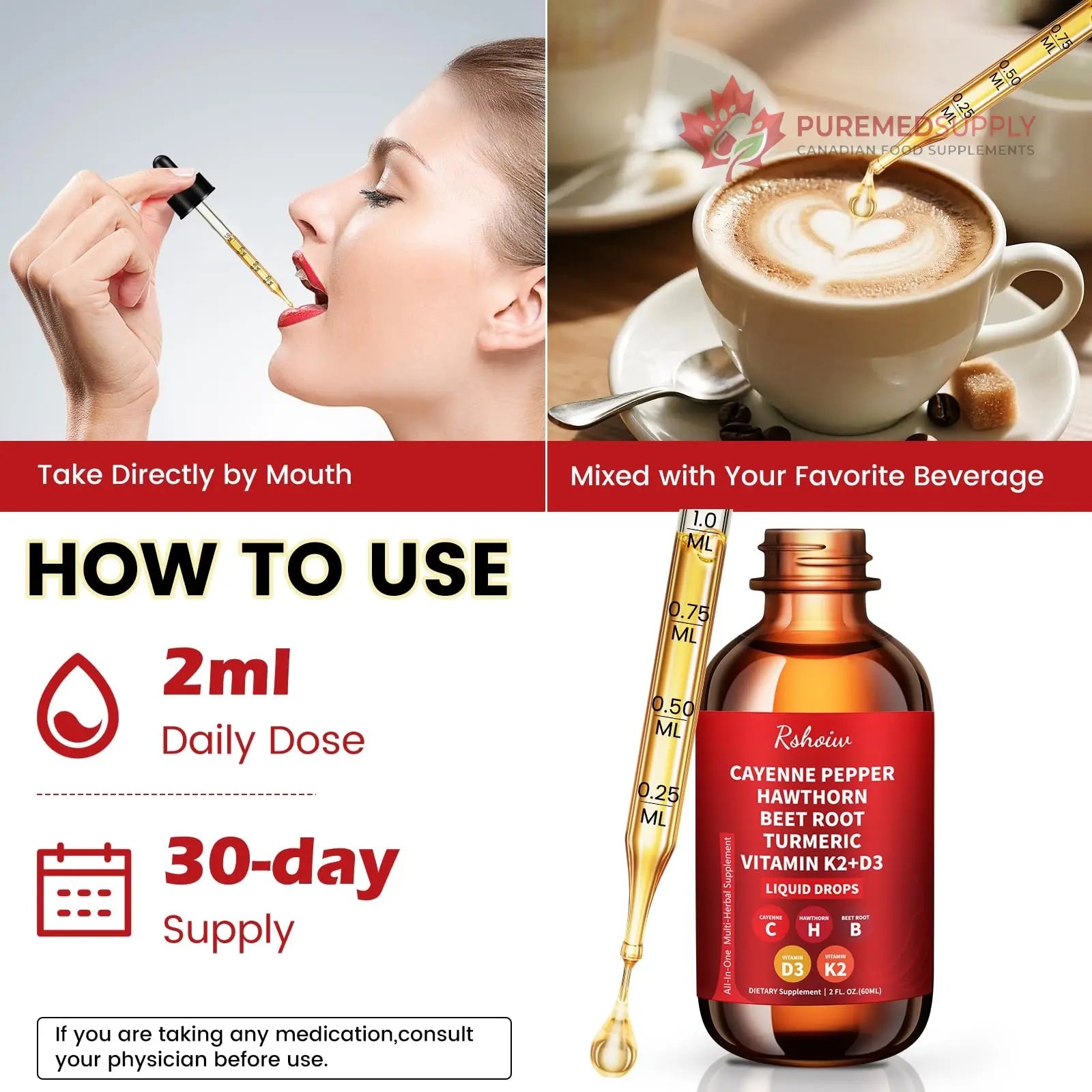 Cayenne Pepper Drops Supplement Liquid with Hawthorn Berry, Vitamin D3 K2, Turmeric Curcumin, Beet Root, Ceylon Cinnamon Vegan- Friendly - 60ml Rshoiw buy supplements canada