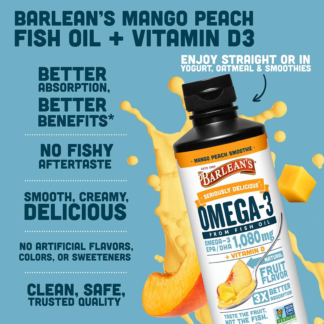 Barlean's Omega 3 Fish Oil Liquid Supplement with Vitamin D for Men and Women, 1080mg of EPA and DHA Fatty Acid, Promotes Brain & Heart Health - Non-GMO, Mango Peach, 16 oz Barlean's buy supplements canada