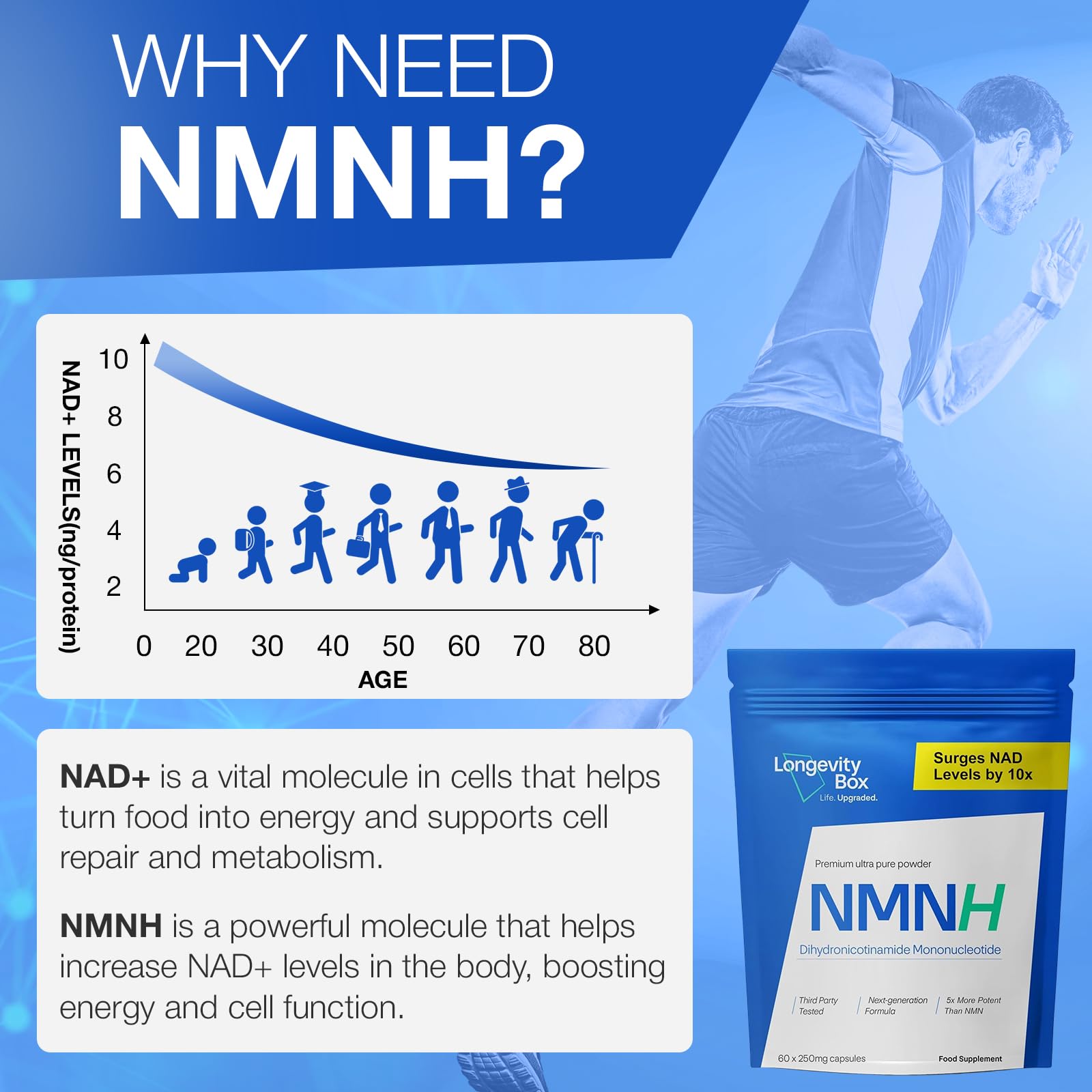 Longevity Box NMNH NMN Alternativen 250mg - 5X More Potent Dihydronicotinamide Mononucleotide NAD+ Booster for Peak Cellular Energy, DNA Repair & Healthy Aging - 60 Advanced Capsules Longevity Box buy supplements canada