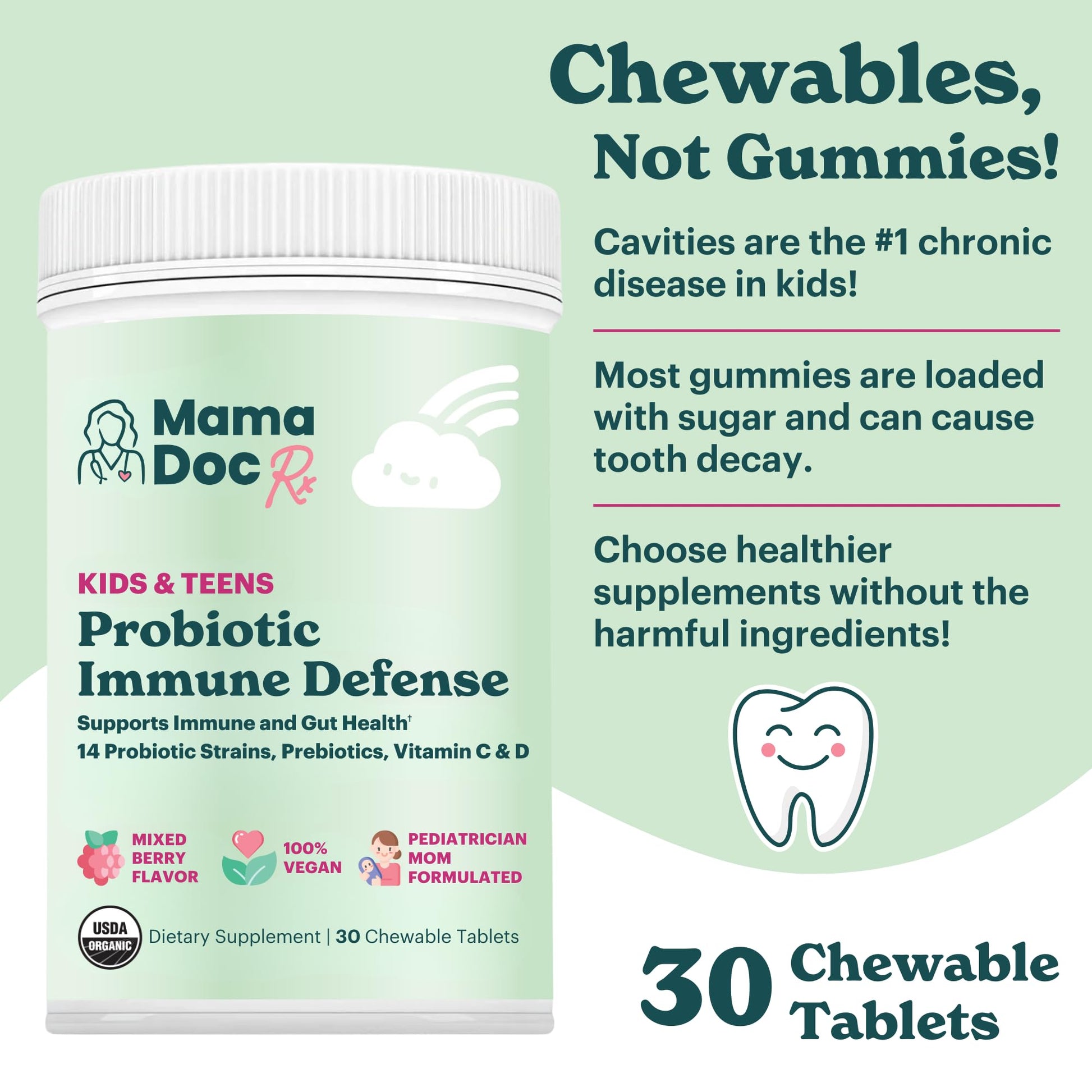 MamaDoc Rx Certified Organic Kids & Teens Probiotic Immune Defense - 5 Billion CFUs | Sugar Free, Vegan, Gluten-Free | 14 Probiotic Strains, Prebiotics, Vitamin C & D | 30 Chewable Tablets, Ages 4+ MamaDoc Rx buy supplements canada
