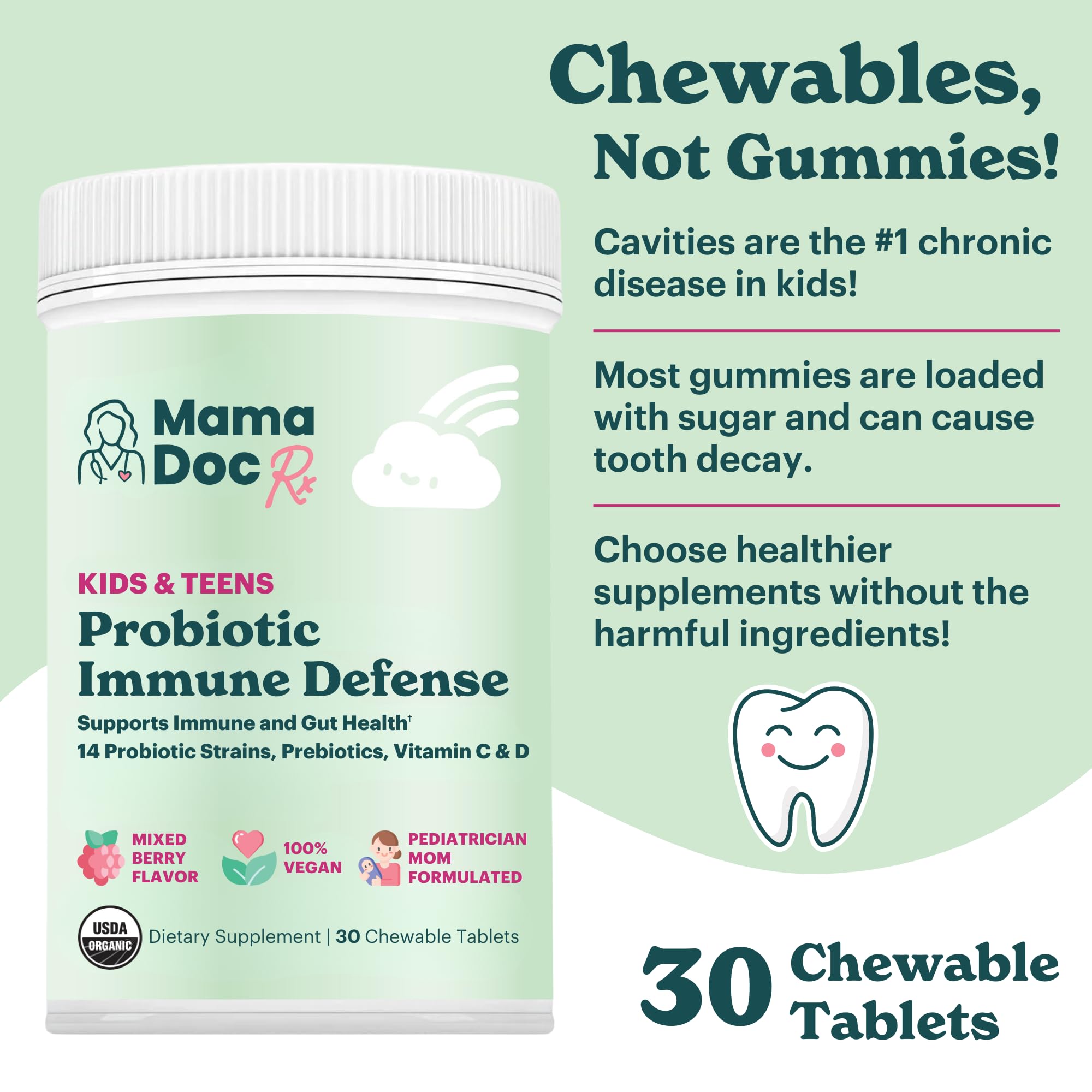 MamaDoc Rx Certified Organic Kids & Teens Probiotic Immune Defense - 5 Billion CFUs | Sugar Free, Vegan, Gluten-Free | 14 Probiotic Strains, Prebiotics, Vitamin C & D | 30 Chewable Tablets, Ages 4+ MamaDoc Rx buy supplements canada
