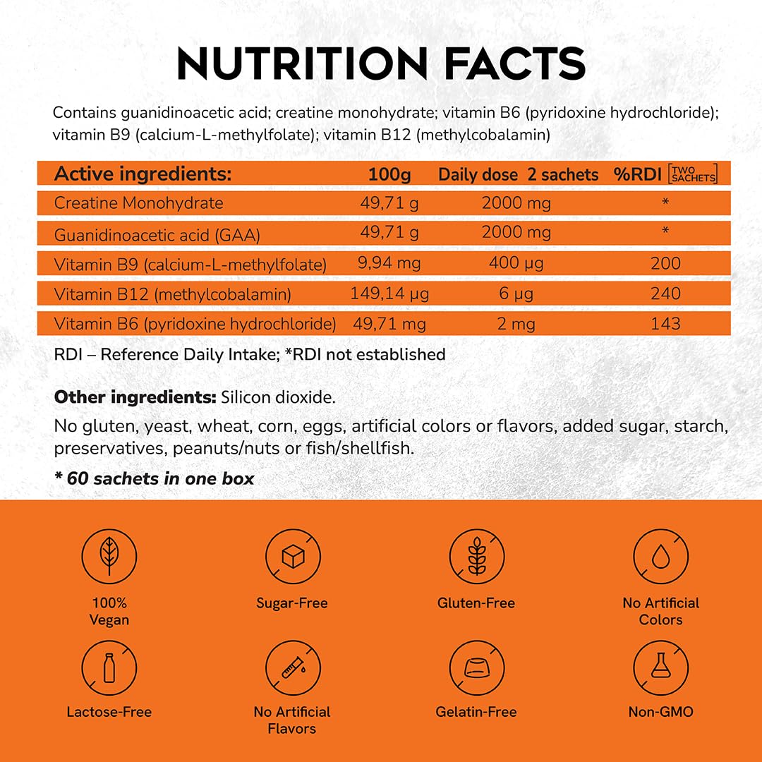 CreGAAtine Micronized Creatine Monohydrate + GAA | Increase Strength, No Water Retention | Boosts Memory & Focus | Single-Serve Packets | 60 Sachets, 30 Servings | (Sachets, Orange) CreGAAtine buy supplements canada