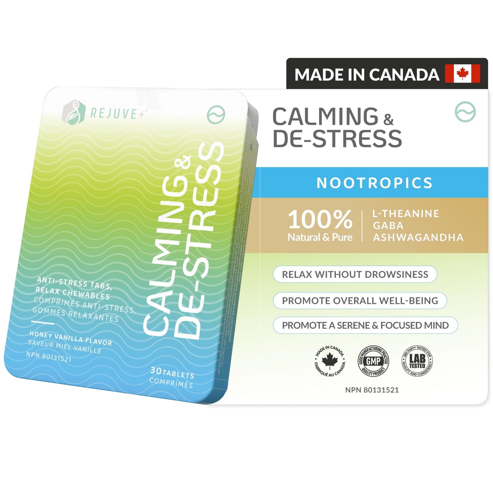 REJUVE+ Calm & Destress Nootropic Supplement – Brain Boost | L-Theanine, GABA, Ashwagandha, Vitamin D | Natural Stress Relief & Relaxation | Sleep Enhancer | Mood Enhancer | Honey Vanilla Flavor (1) REJUVE+ buy supplements canada