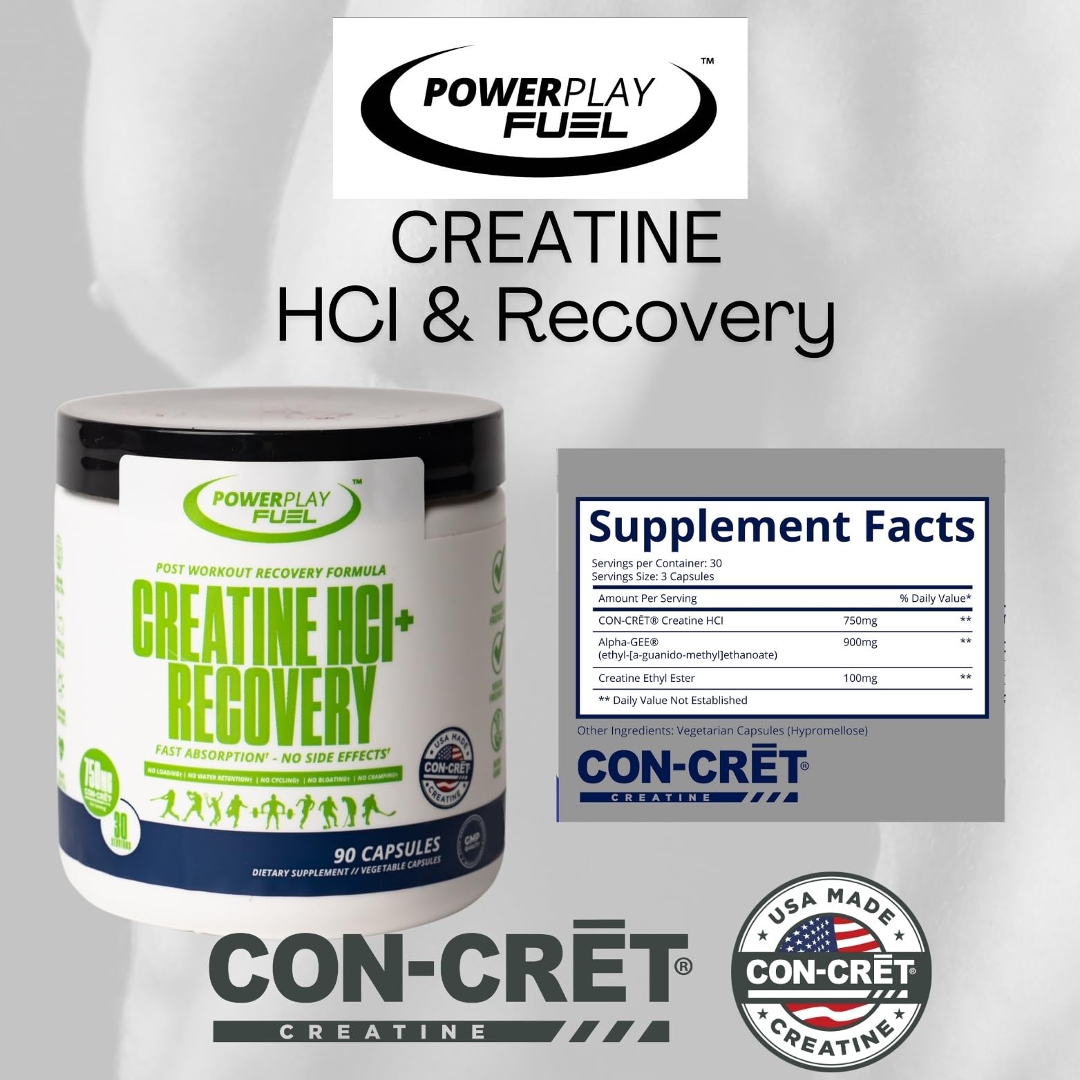 CREATINE HCl + Recovery Capsules for Men and Women, Muscle & Brain Health, Cognitive Function, Immune Support - 90 Vegetable Capsules POWER PLAY FUEL buy supplements canada