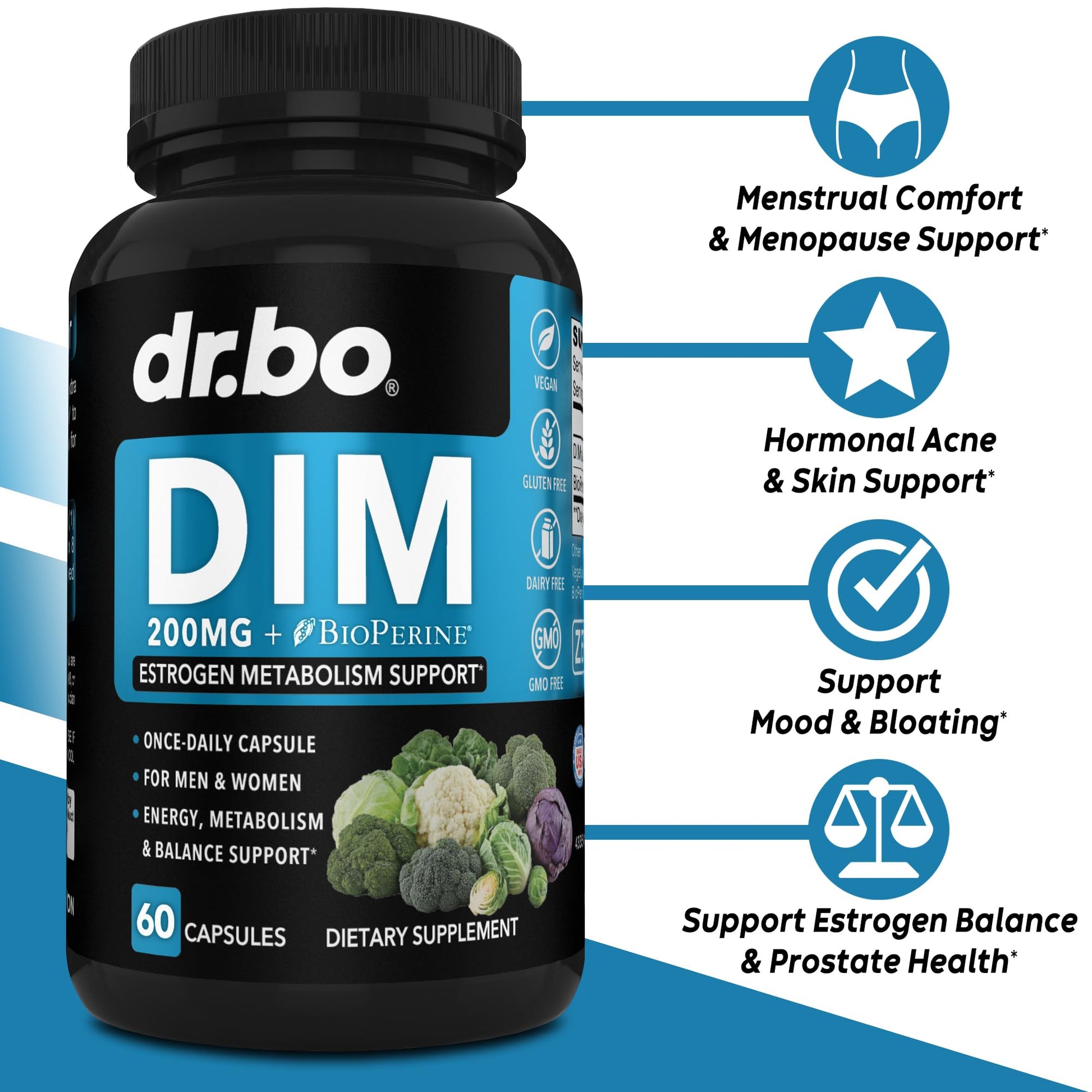 DIM Supplement for Women & Men 200mg - Androgen Estrogen Blocker for Men & Women, Hormonal Acne Pills, Hormone Balance, Menopause Support, Diindolylmethane DIM Supplement Plus BioPerine - 60 Capsules DR. BO buy supplements canada