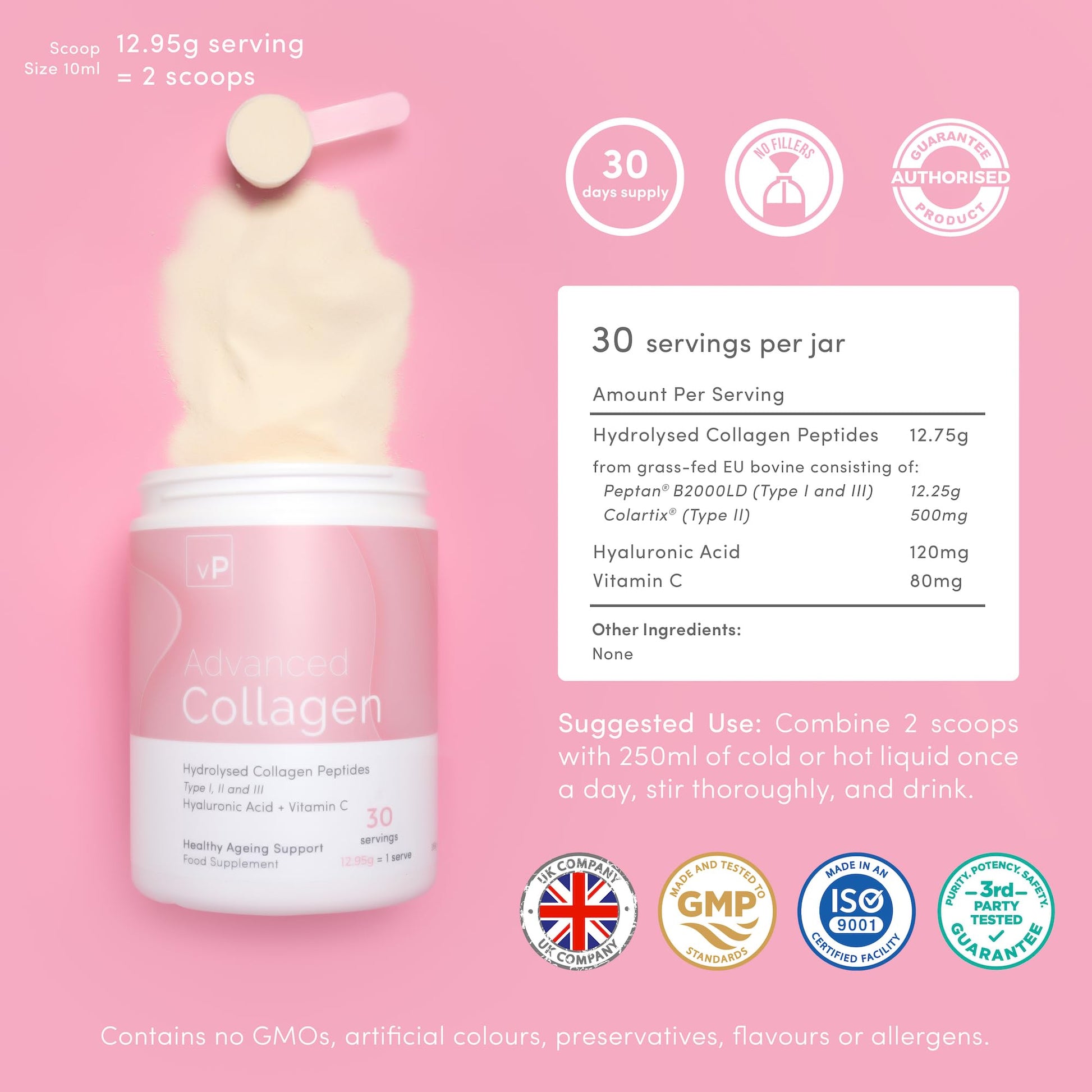 Advanced Collagen with Hyaluronic Acid - 12.95g x 30 Servings - Type 1 2 3 vP Vitality Pro buy supplements canada