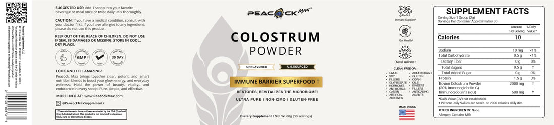 Peacock Max Colostrum Powder – 60g (30 Servings), Unflavored Bovine Colostrum Supplement, Superfood for Hair, Skin & Gut Health, Gluten-Free, Non-GMO Peacock Max buy supplements canada
