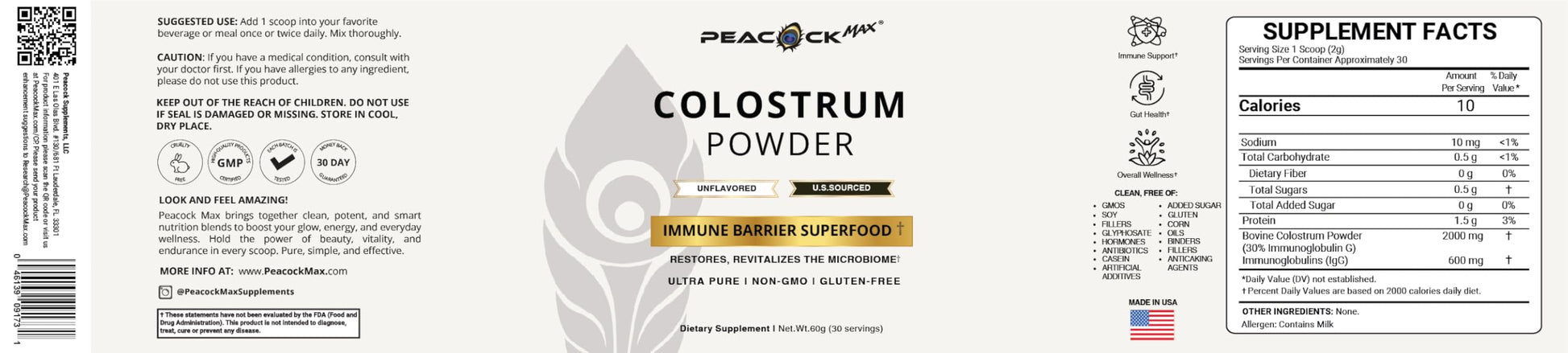 Peacock Max Colostrum Powder – 60g (30 Servings), Unflavored Bovine Colostrum Supplement, Superfood for Hair, Skin & Gut Health, Gluten-Free, Non-GMO Peacock Max buy supplements canada