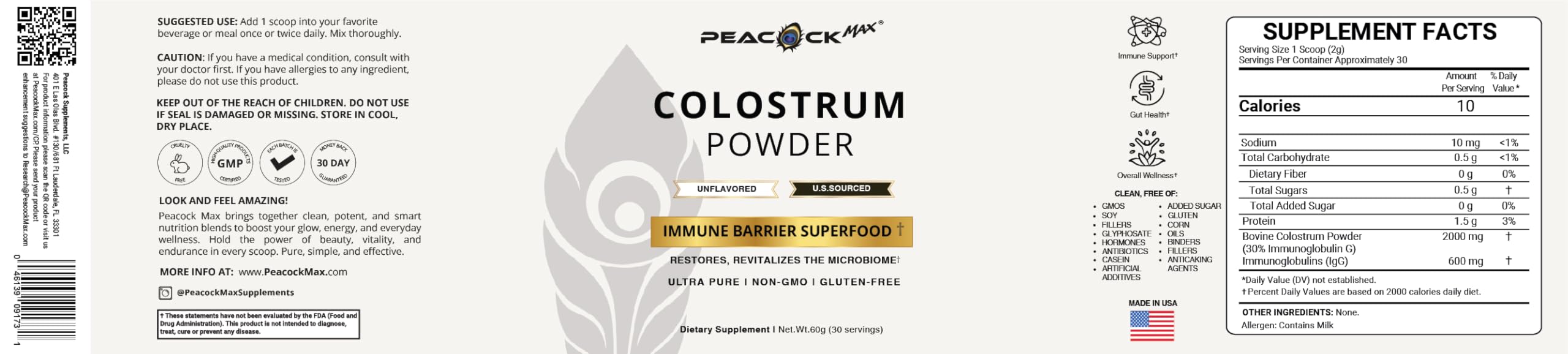 Peacock Max Colostrum Powder – 60g (30 Servings), Unflavored Bovine Colostrum Supplement, Superfood for Hair, Skin & Gut Health, Gluten-Free, Non-GMO Peacock Max buy supplements canada