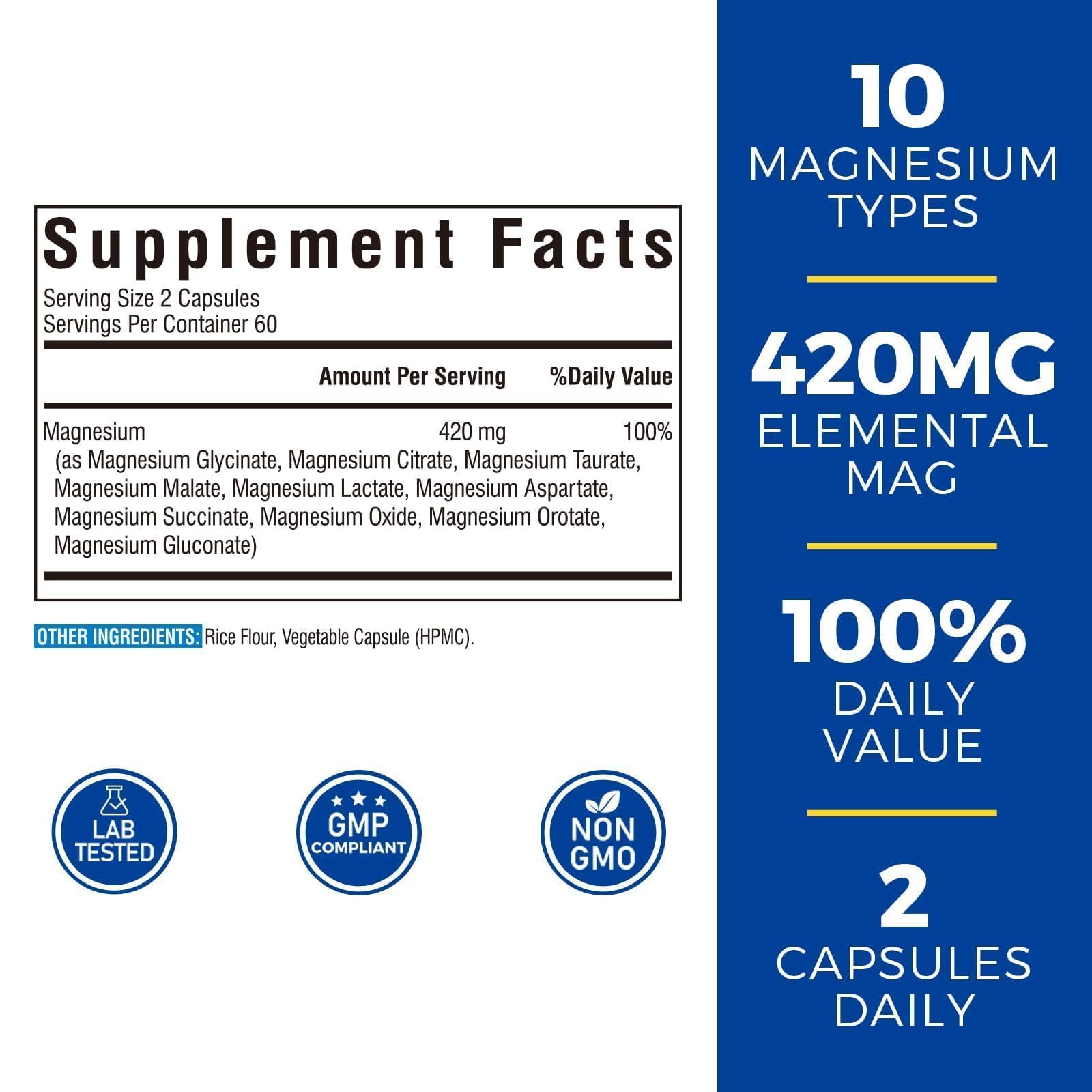 Vitalibre 10 in 1 Magnesium Complex, 420mg Elemental Magnesium | Ultra Strength, Max Absorption | Chelated Magnesium Supplement for Nerves, Bone & Heart Health Vitalibre buy supplements canada