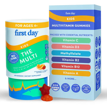 First Day Kids Multivitamin Gummies Age 4+, Strawberry & Orange - Kids Vitamins Multivitamin Gummy A C D3 K2 B1 B2 B6 B12 Folate, Immunity & Brain Function FIRST DAY buy supplements canada