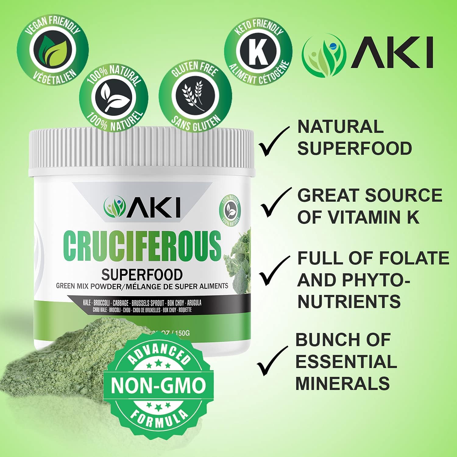 AKI Cruciferous Superfood Green Mix Powder - Made from Kale, Broccoli, Brussels Sprouts, Cabbage - Packed with Essential Phytonutrients & Vitamins ((5.3oz/150g)) AKI ORGANIC buy supplements canada