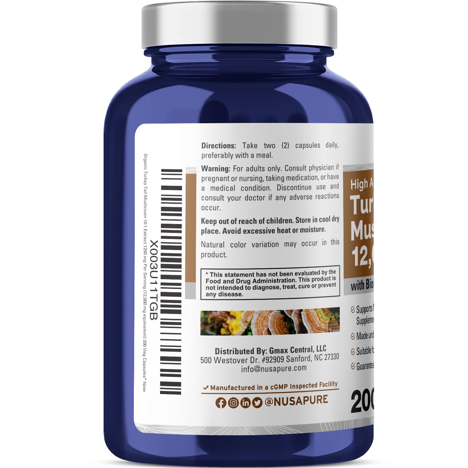 NusaPure Turkey Tail Mushroom Capsules, 10:1 Extract, 1200 mg Equivalent to 12,000mg, 200 Vcaps, Non-GMO, Gluten Free, Bioperine NusaPure buy supplements canada