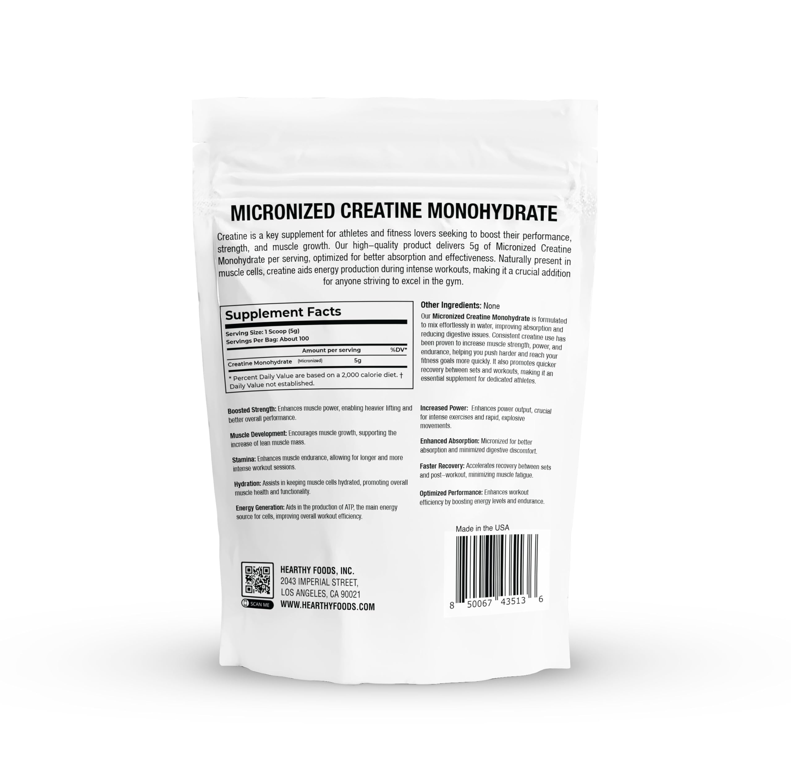 HEARTHY FOODS Creatine Monohydrate Micronized Powder 500G - 100 Servings, 5000mg Per Serving (5g) - 17.9 Oz for Men & Women Muscle Growth & Recovery - UNFLAVORED HEARTHY FOODS buy supplements canada
