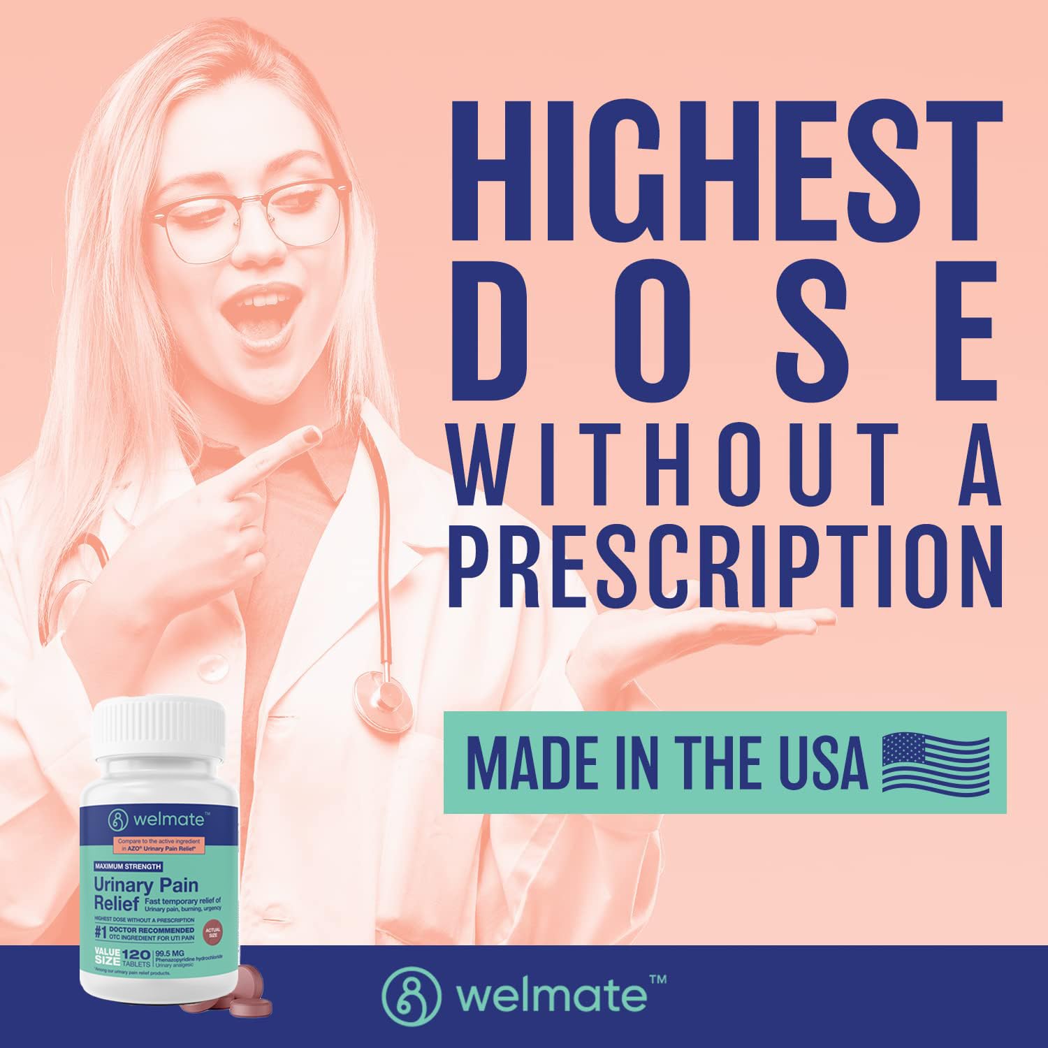 WELMATE Urinary Pain UTI Relief Maximum Strength (Phenazopyridine HCL) - Improve Urinary Tract Health & Bladder Control, Urgency, & Discomfort | Over-The-Counter Medication for Men & Women (120 Pills) WELMATE buy supplements canada