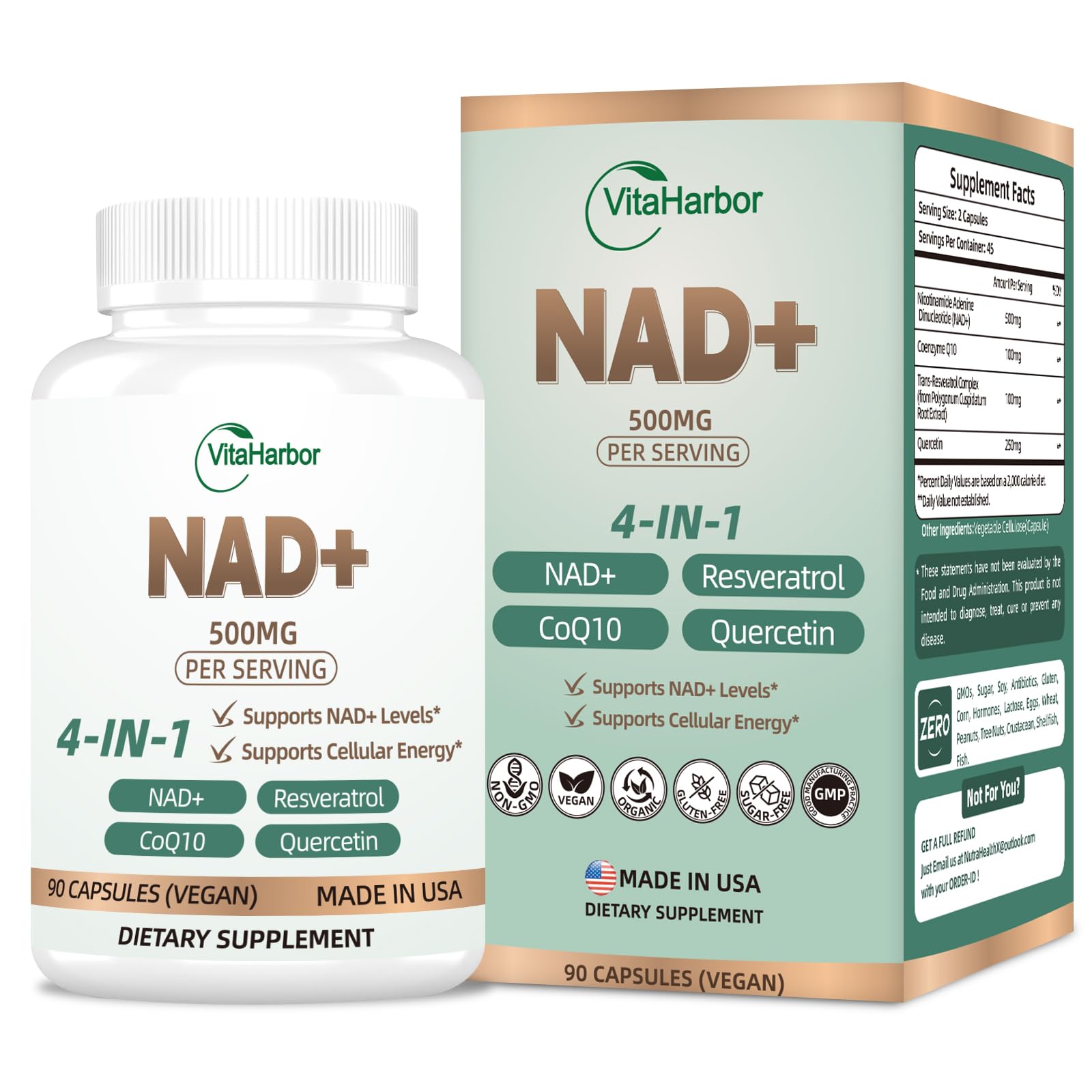 NAD Supplement 500mg, Pure Organic NAD+ Supplement for Women & Men, NAD+ with Trans-Resveratrol & CoQ10 & Quercetin for Cellular Energy & Healthy Aging, NMN Alternative (90 Vegan Caps) VitaHarbor buy supplements canada