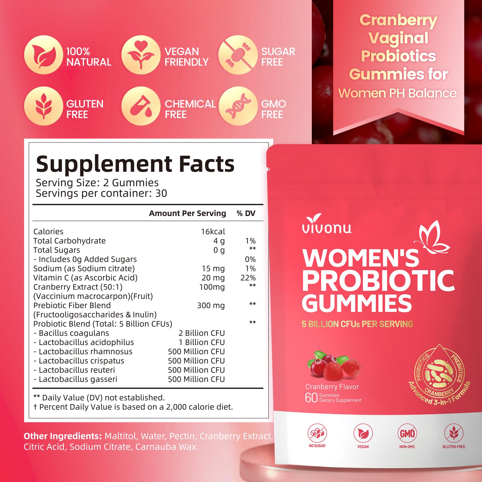 VivoNu Viginal Probiotics for Women, Women Probiotic Gummies, Feminine Balance Gummies, Prebiotic Gummy, Cranberry Probiotics for Woman Vaginigal Health, Yeast Ph Balance| 60 Gummies VivoNu buy supplements canada