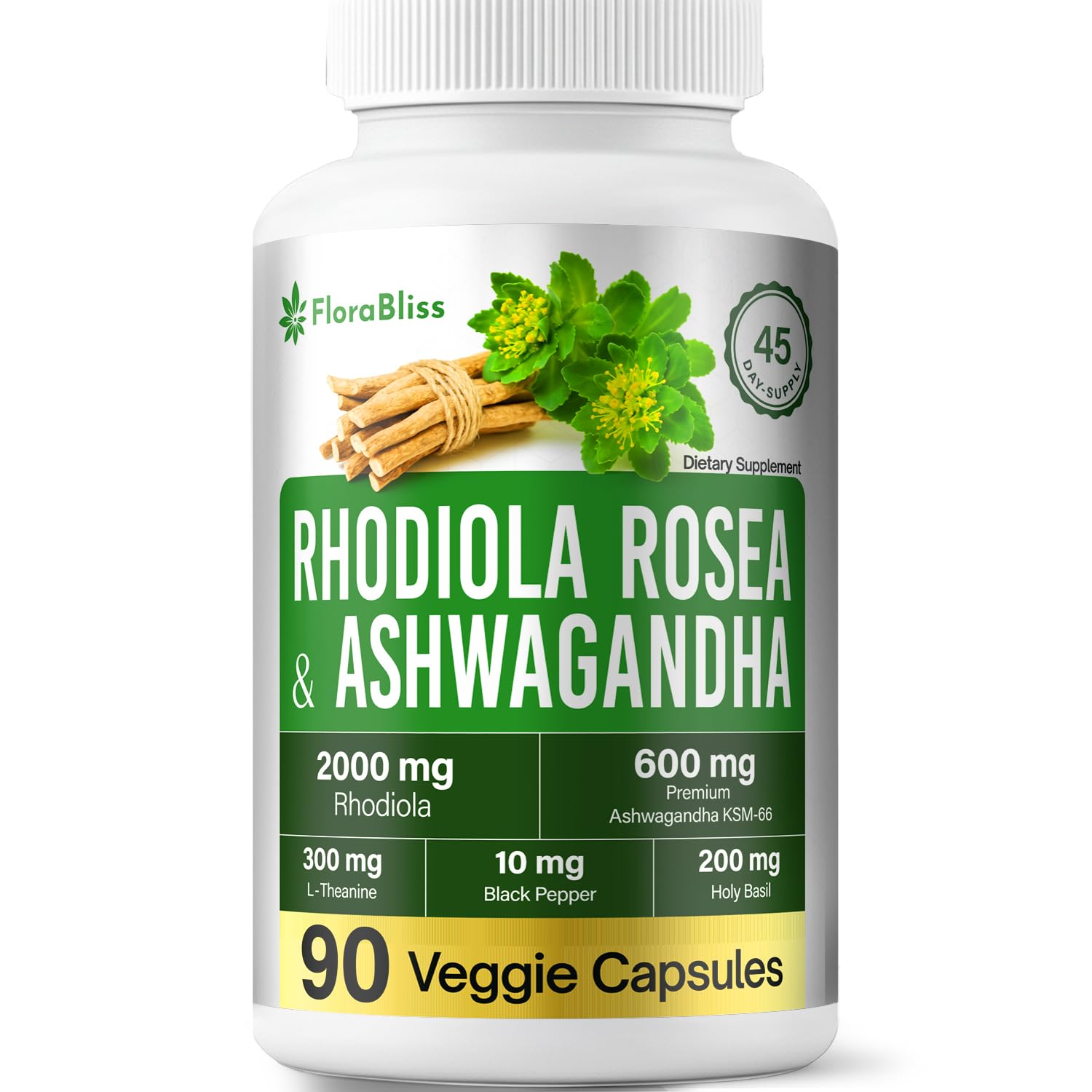 FloraBliss Rhodiola Rosea with Ashwagandha KSM-66, L-Theanine, Holy Basil & Black Pepper - 90 High Potency Vegan Capsules - 45-Day Supply FloraBliss buy supplements canada